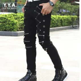 2018 New Arrival Spring Fashion Mens Punk Skinny Pants For Man Cool Cotton Casual Pants Zipper Slim Fit Black Goth Trousers