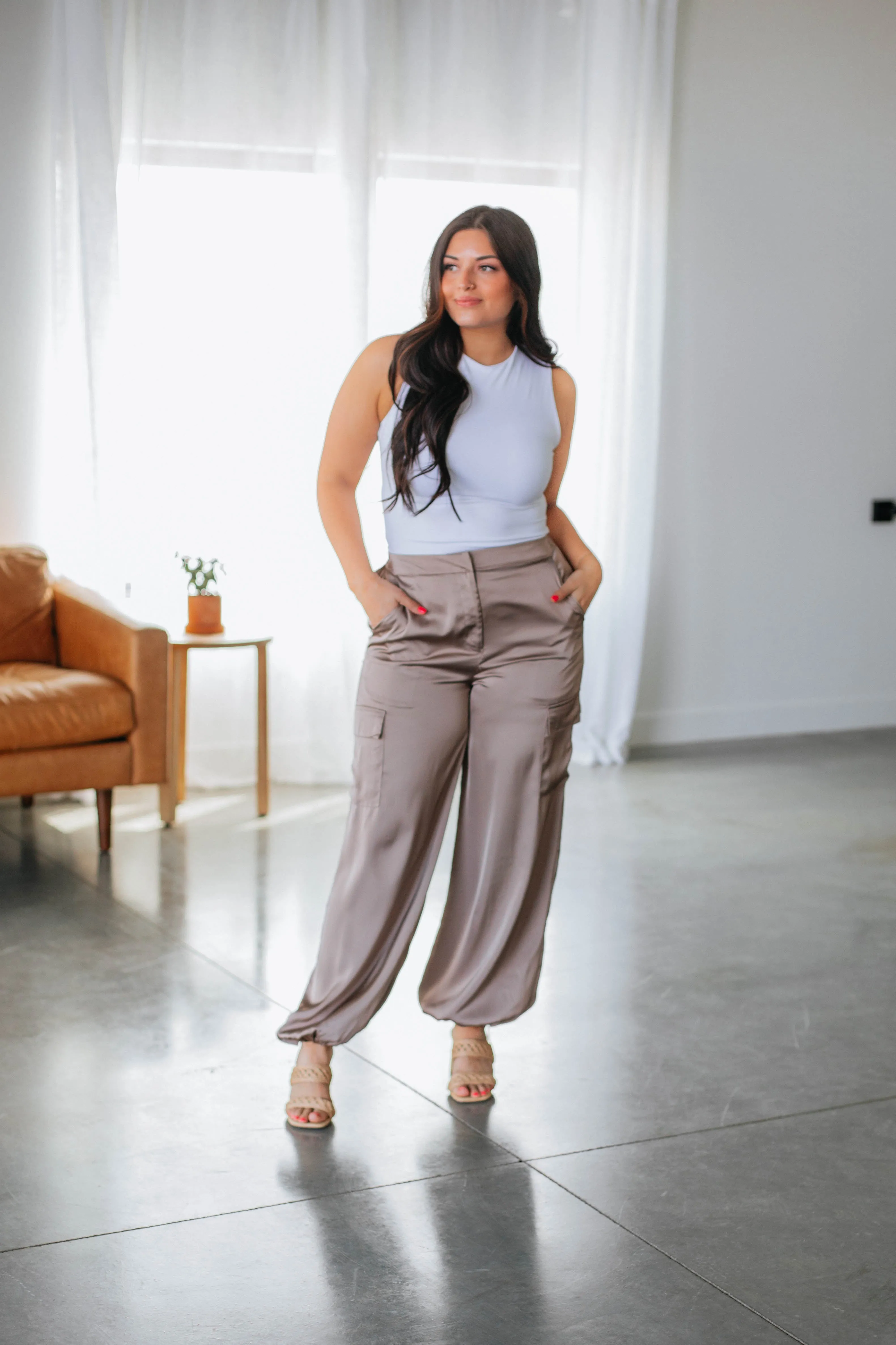 Adara Satin Cargo Pants - Taupe