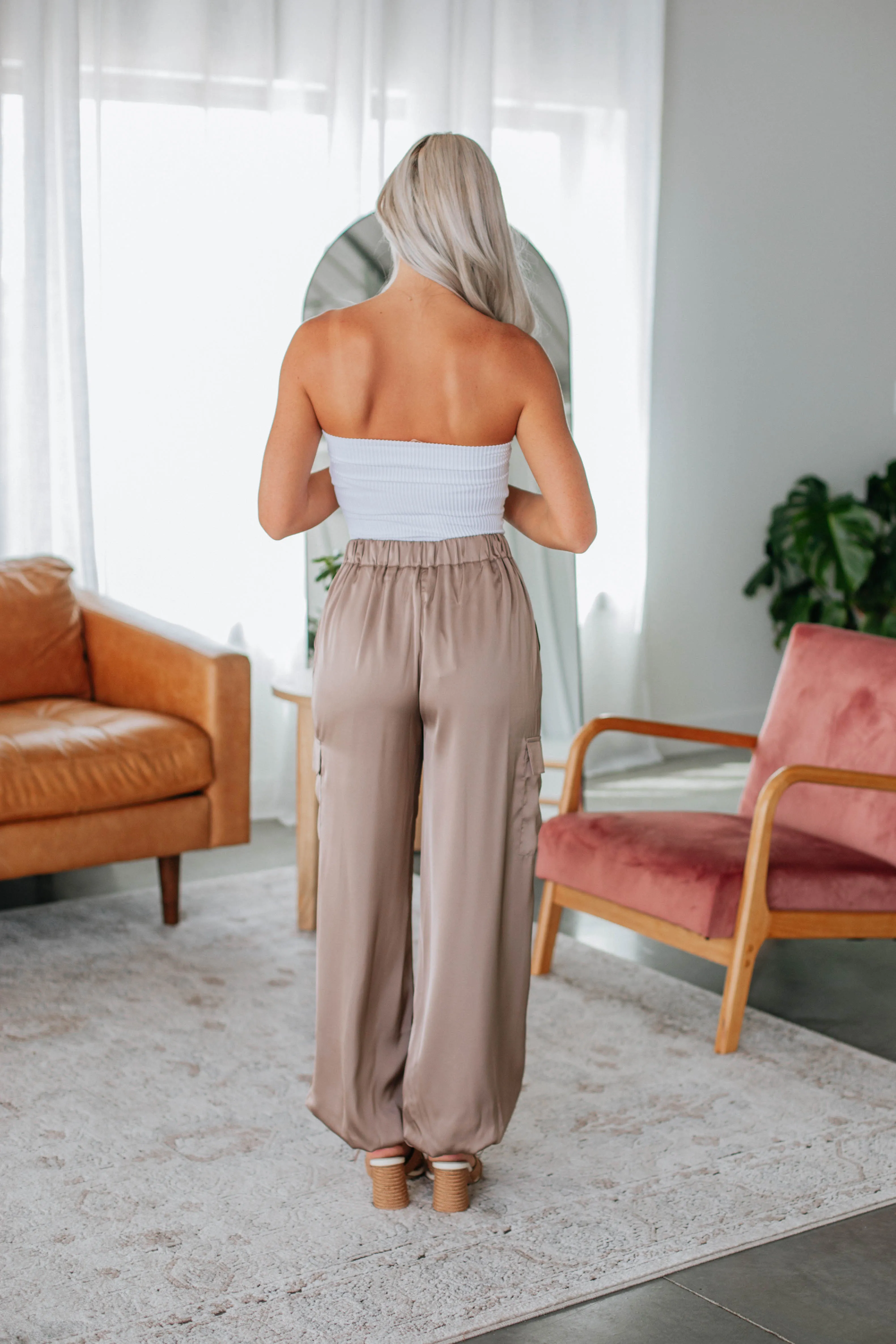 Adara Satin Cargo Pants - Taupe