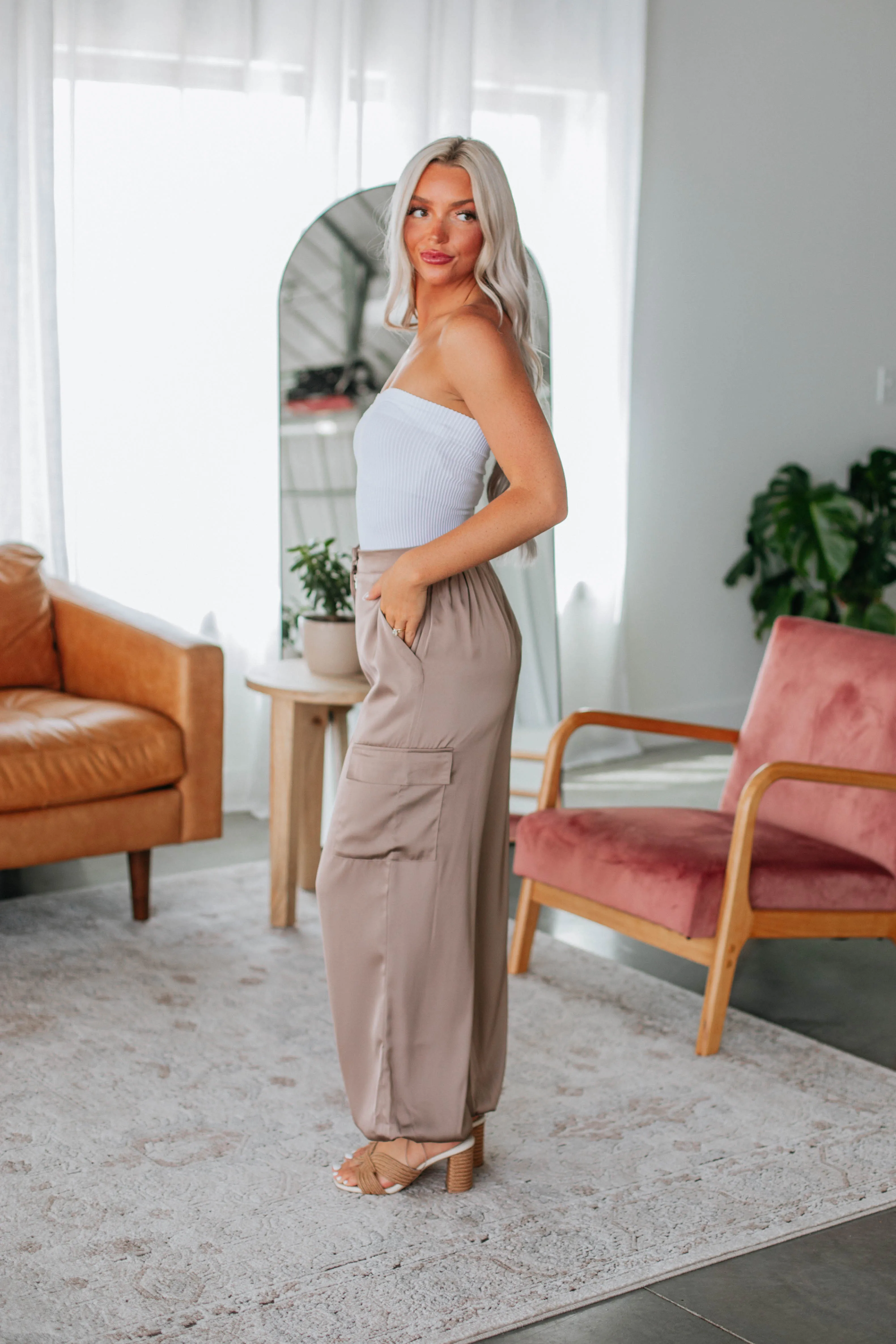 Adara Satin Cargo Pants - Taupe