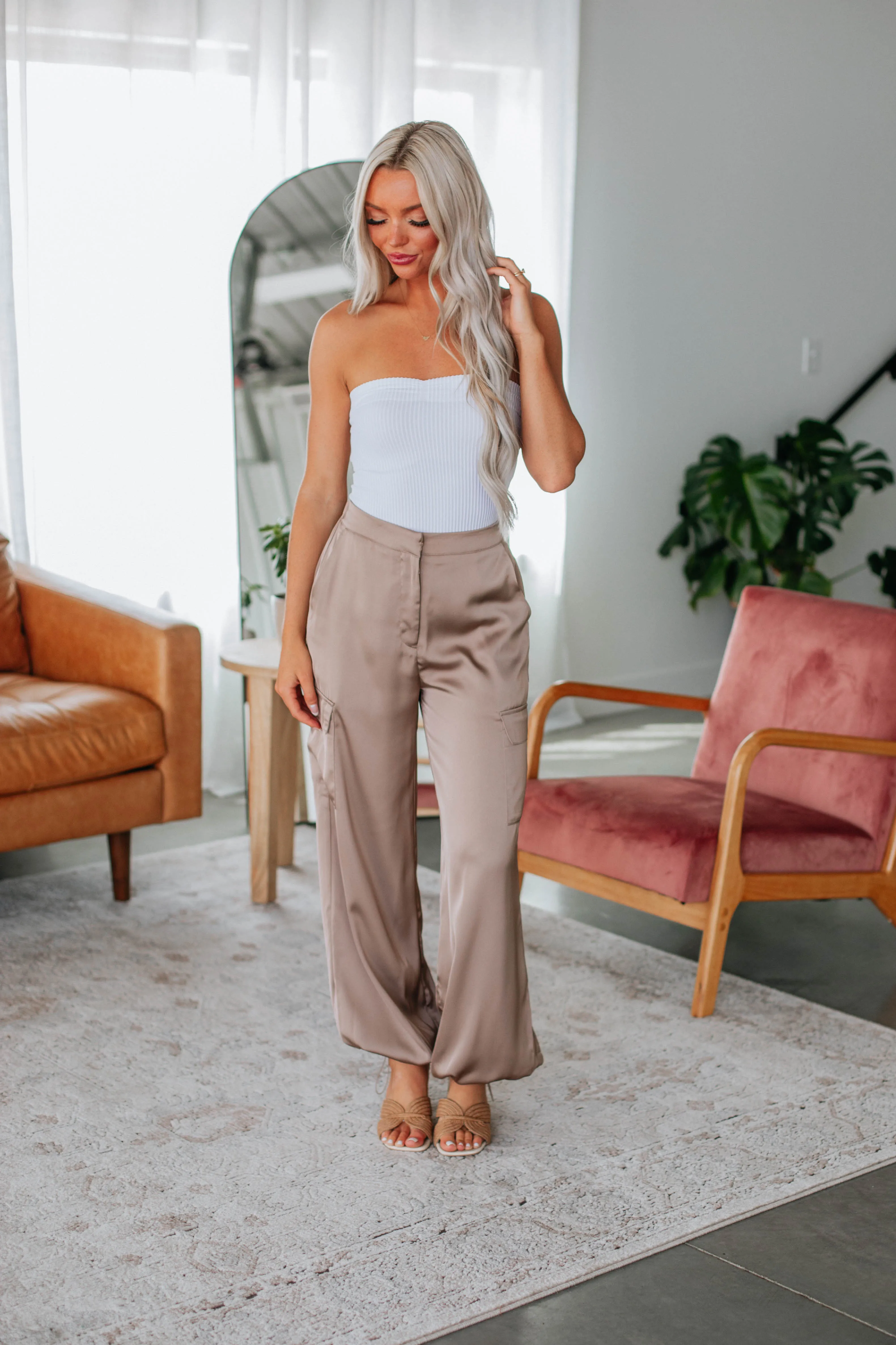 Adara Satin Cargo Pants - Taupe