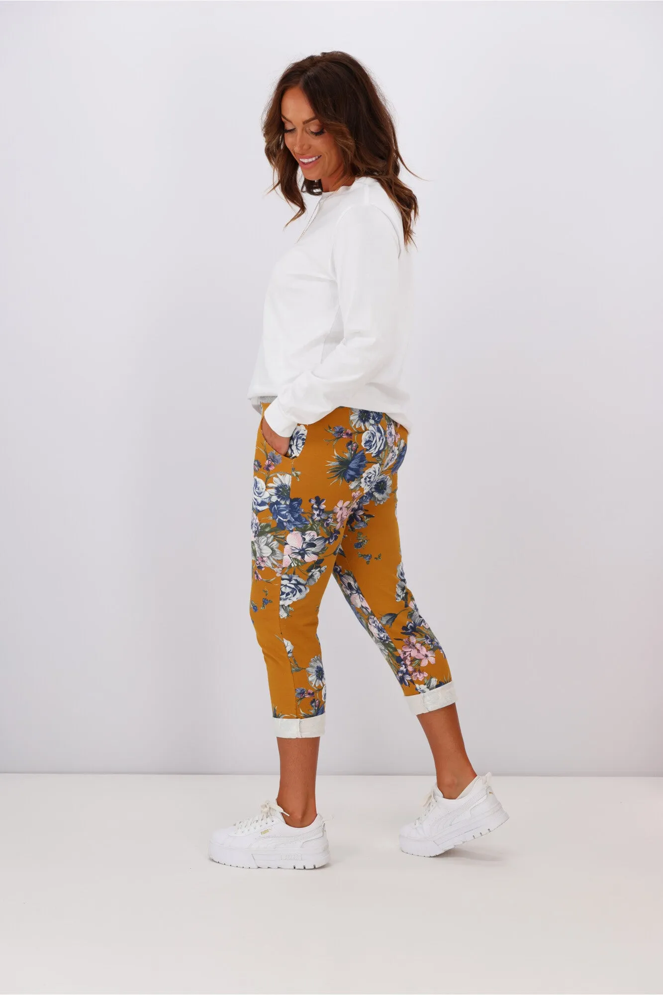 Mustard Floral Trousers by Beau Denver: Stylish & Vibrant