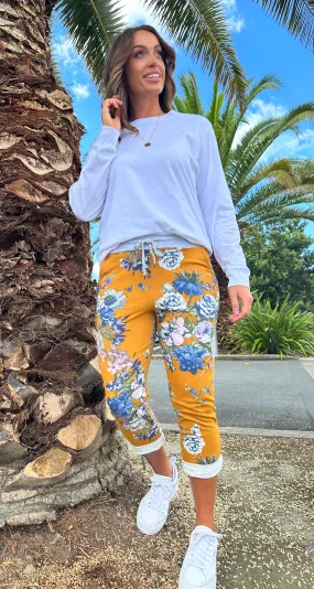 Mustard Floral Trousers by Beau Denver: Stylish & Vibrant