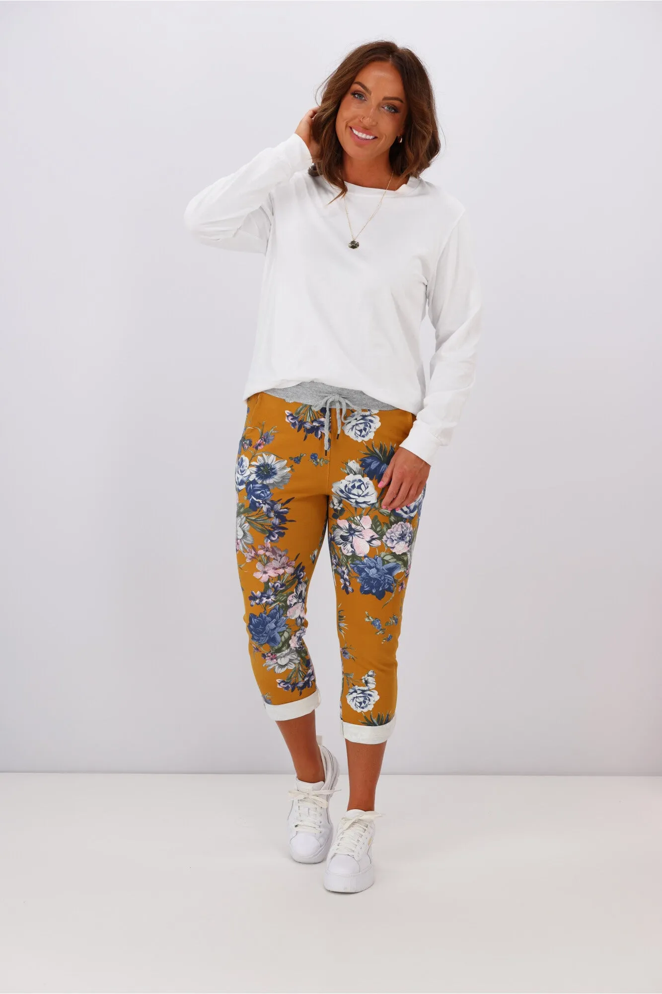 Mustard Floral Trousers by Beau Denver: Stylish & Vibrant