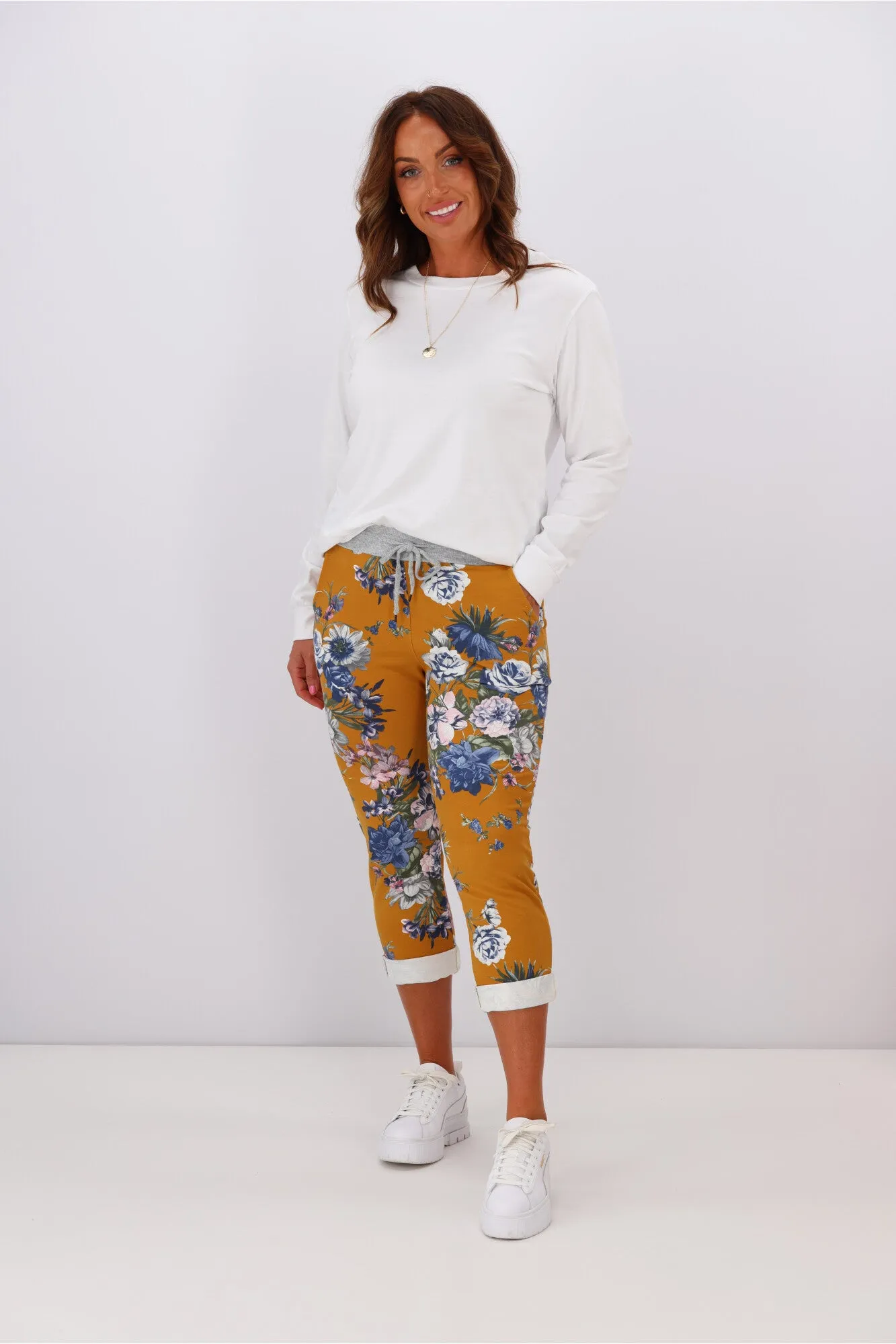 Mustard Floral Trousers by Beau Denver: Stylish & Vibrant