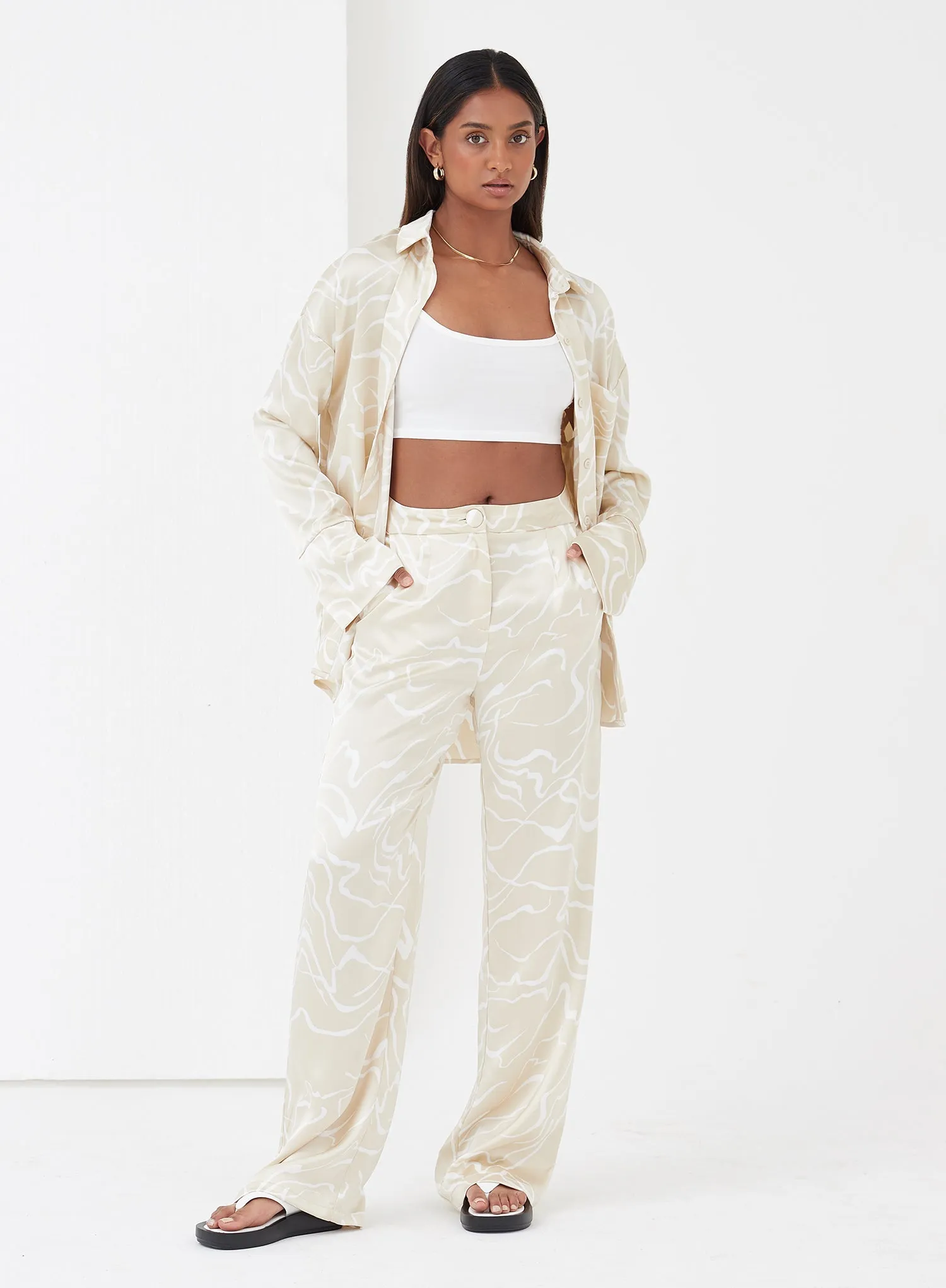 Beige Abstract Line Satin Trousers - Norma