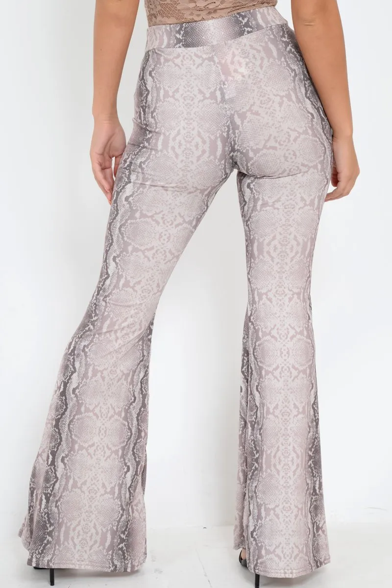 Beige Snake Print High Waisted Flared Trousers - Kamryn