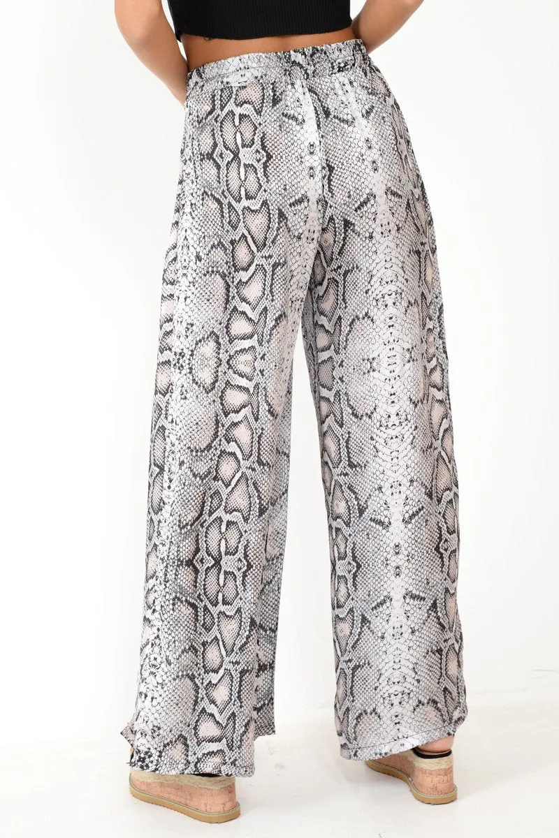 Beige Snake Print Wide Leg Belted Trousers - Brooklinn