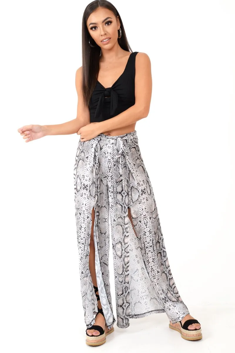 Beige Snake Print Wide Leg Belted Trousers - Brooklinn