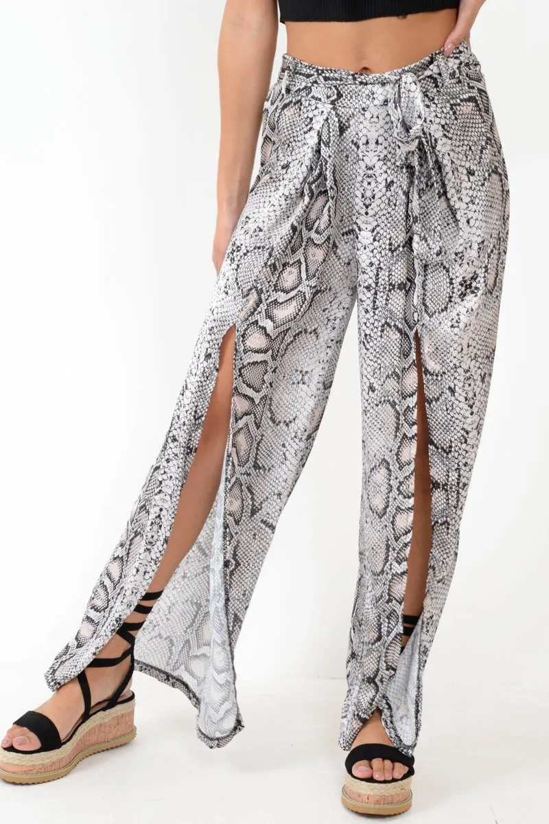 Beige Snake Print Wide Leg Belted Trousers - Brooklinn