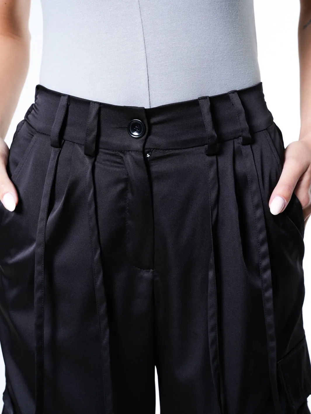 Black Satin Cargo Pants