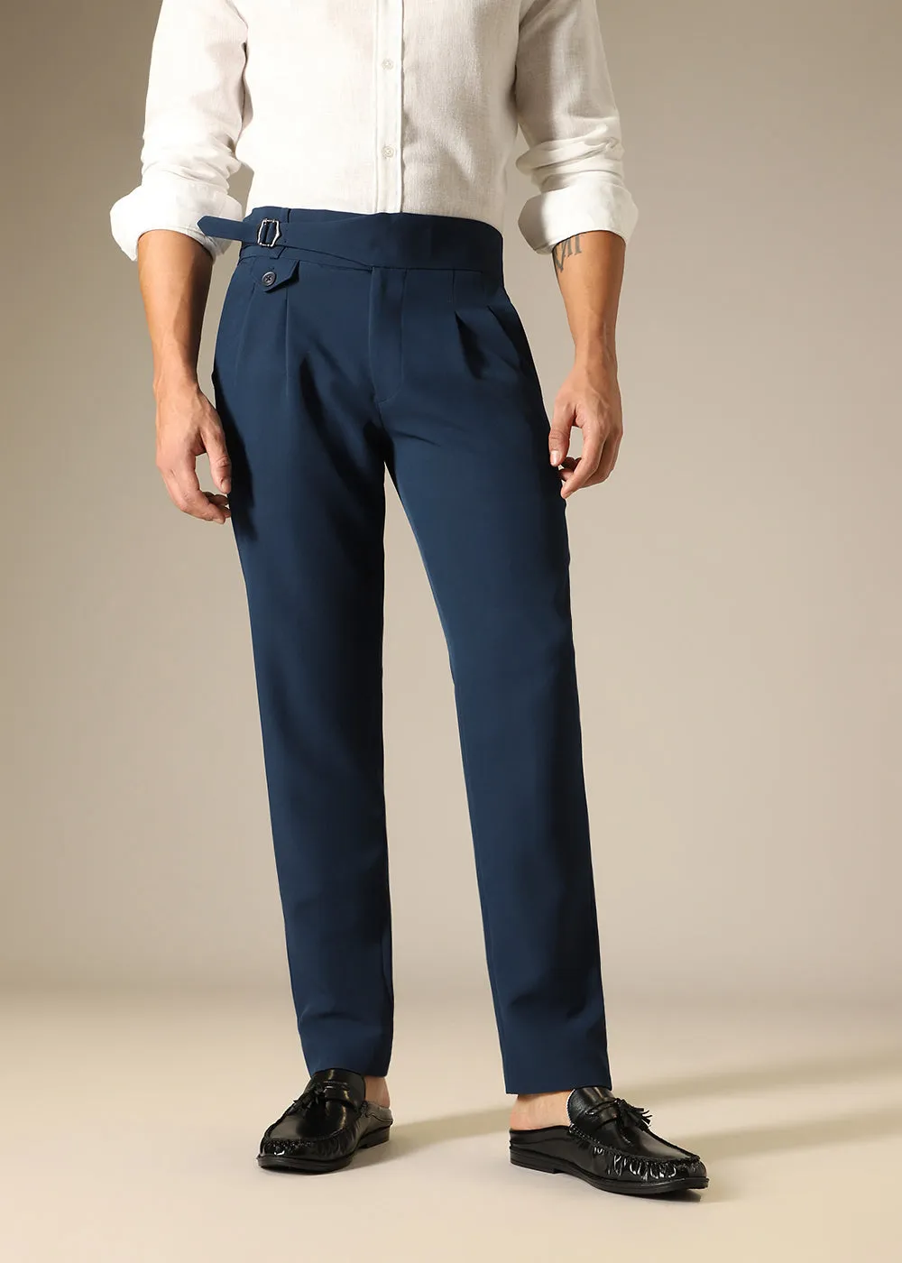 Mens Stylish Blue Gurkha Pants - Comfortable Tailored Trousers with Adjustable Waist