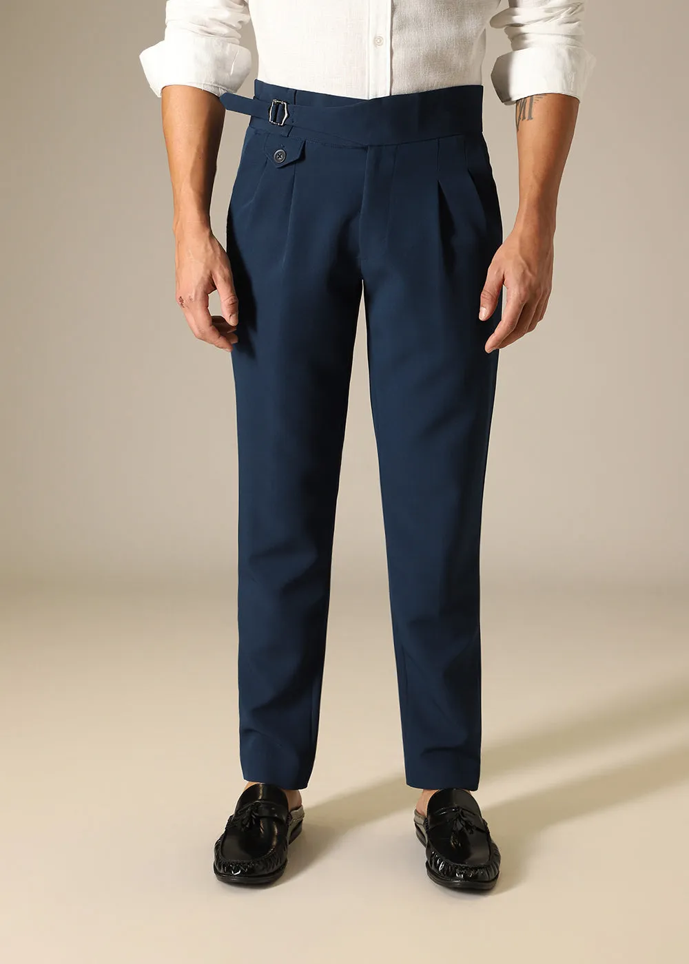 Mens Stylish Blue Gurkha Pants - Comfortable Tailored Trousers with Adjustable Waist