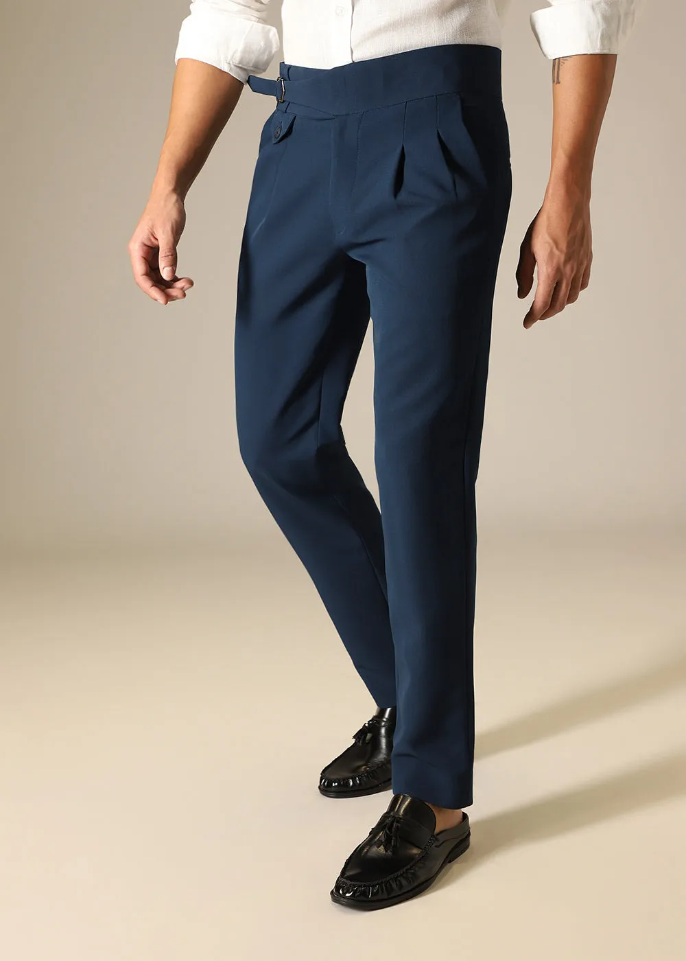 Mens Stylish Blue Gurkha Pants - Comfortable Tailored Trousers with Adjustable Waist