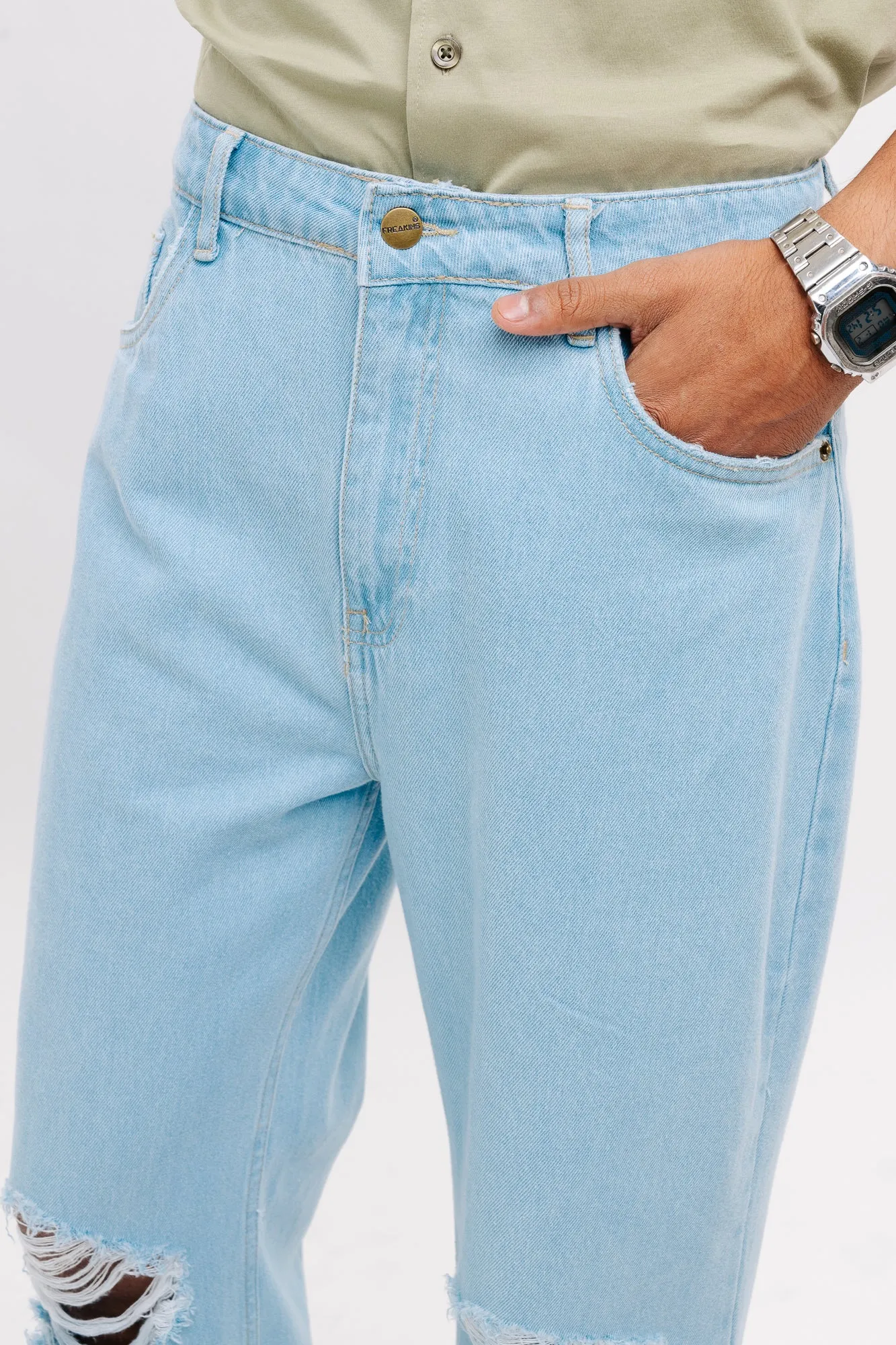 Blue Light Distressed Men's Wide Jeans