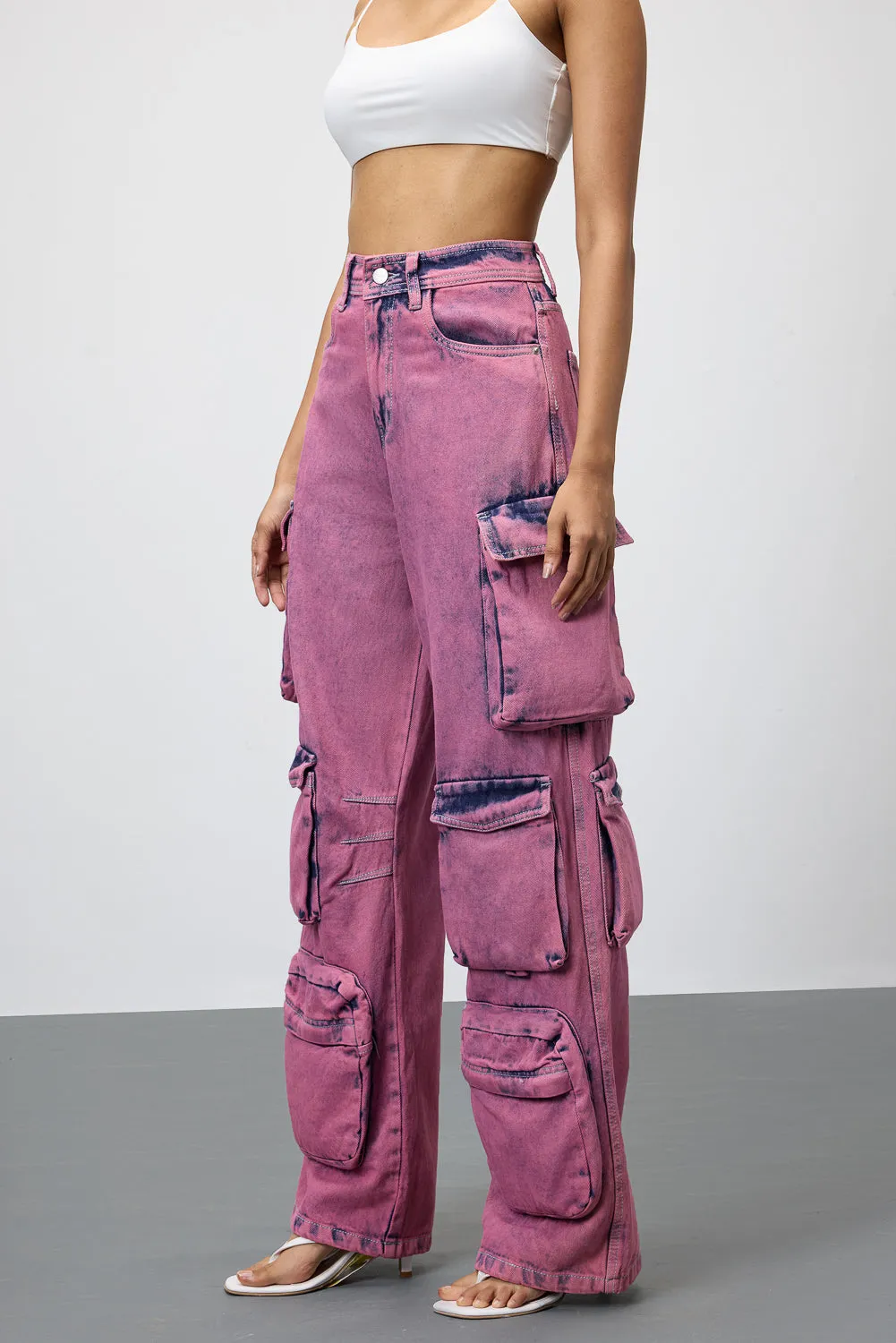 Stylish Blush Denim Utility Cargo Jeans for Fashion-Forward Look