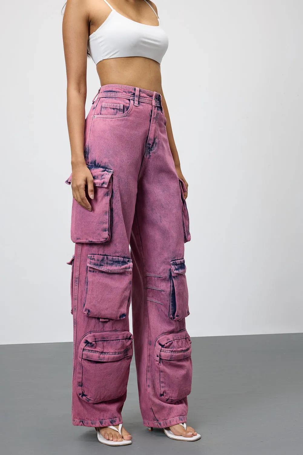 Stylish Blush Denim Utility Cargo Jeans for Fashion-Forward Look