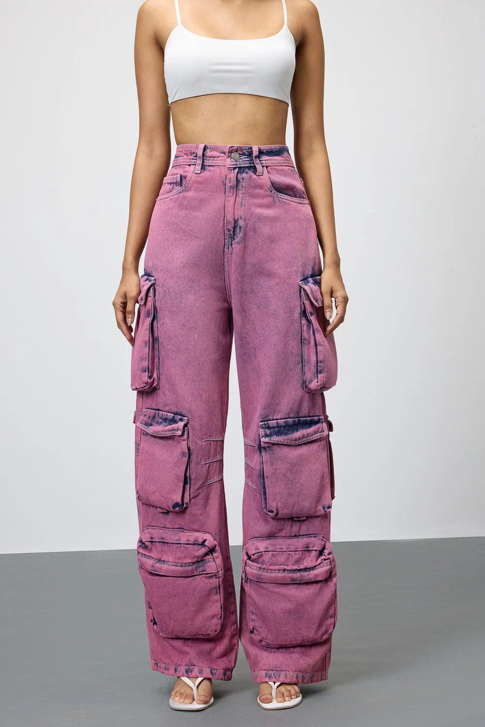 Stylish Blush Denim Utility Cargo Jeans for Fashion-Forward Look