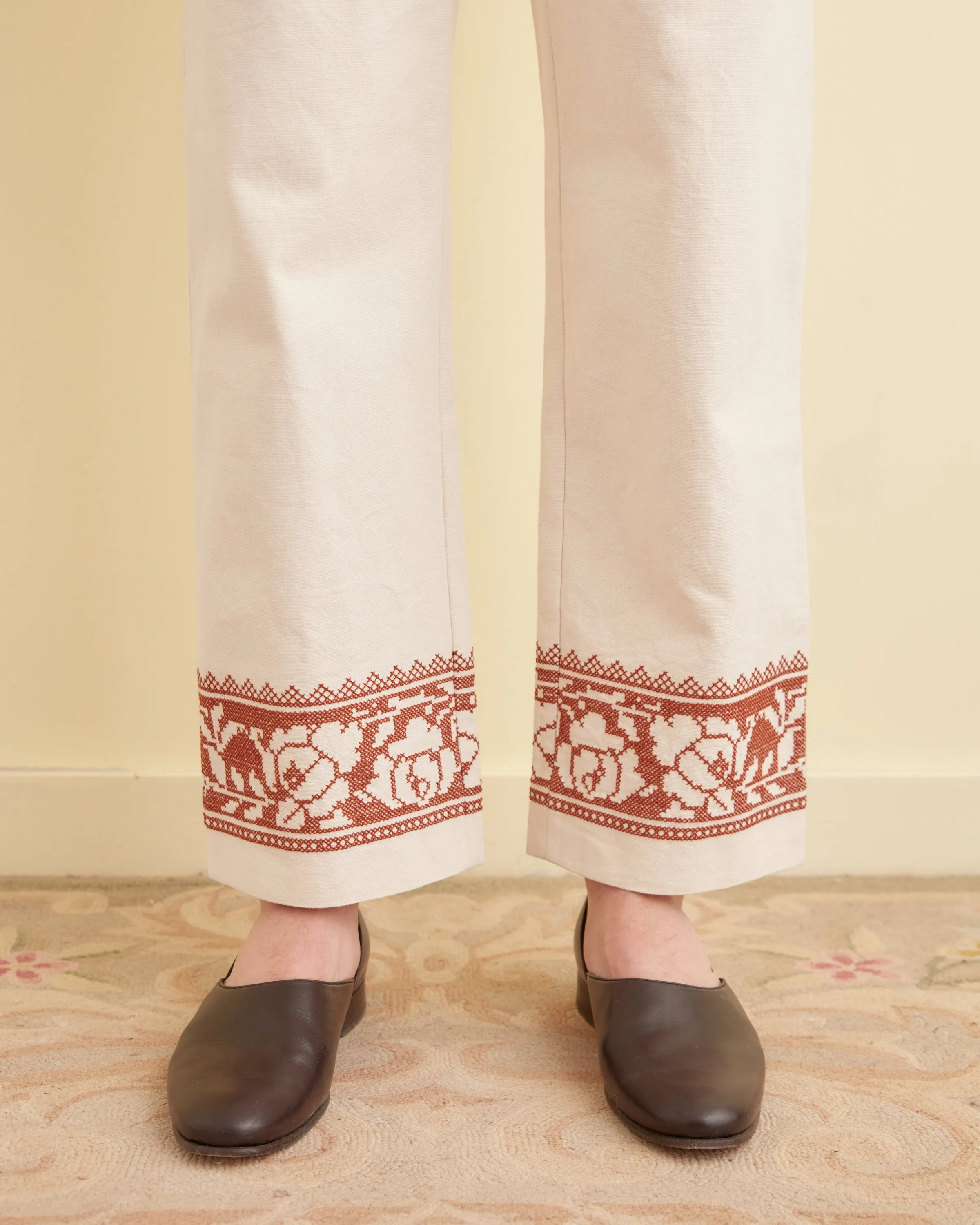 Elegant Floral Cross-Stitch Rose Garland Trousers