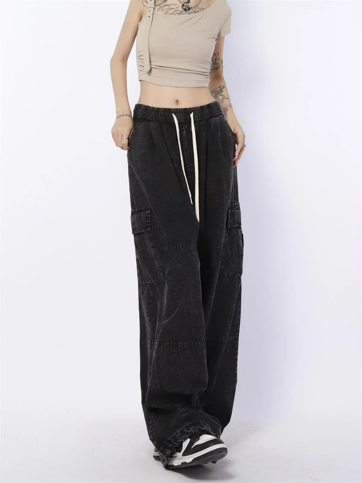 Drawstring Line Textured Wide Cargo Pants