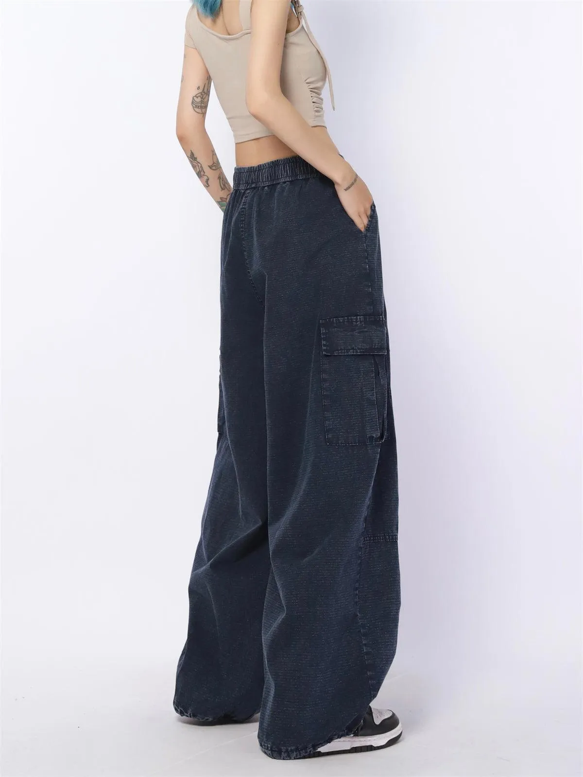 Drawstring Line Textured Wide Cargo Pants