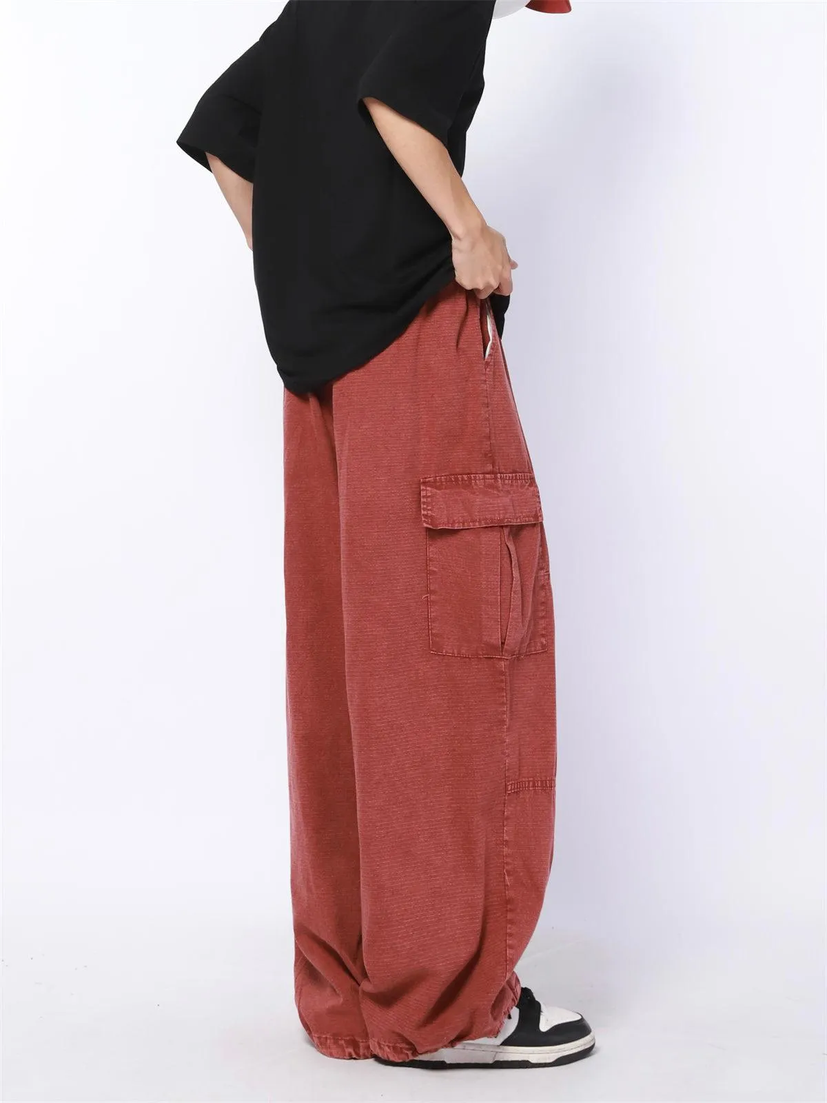 Drawstring Line Textured Wide Cargo Pants