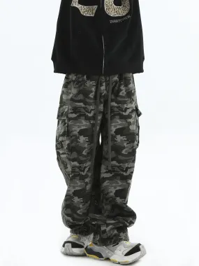 Drawstring Three-Bar Camo Cargo Pants