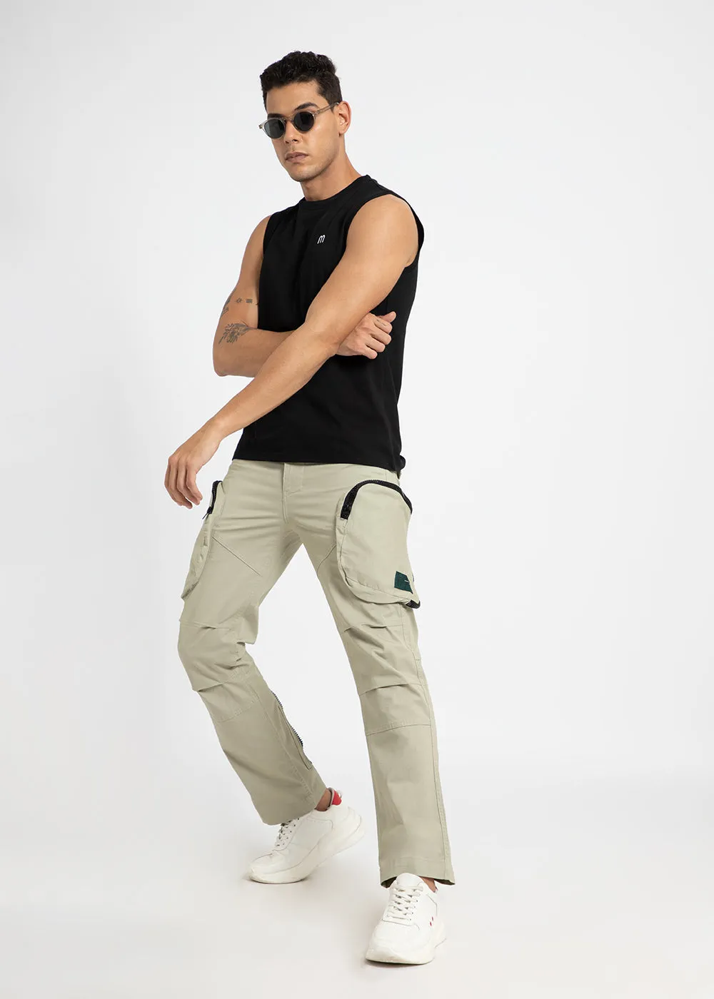 Ecru Zipper Cargo Pant