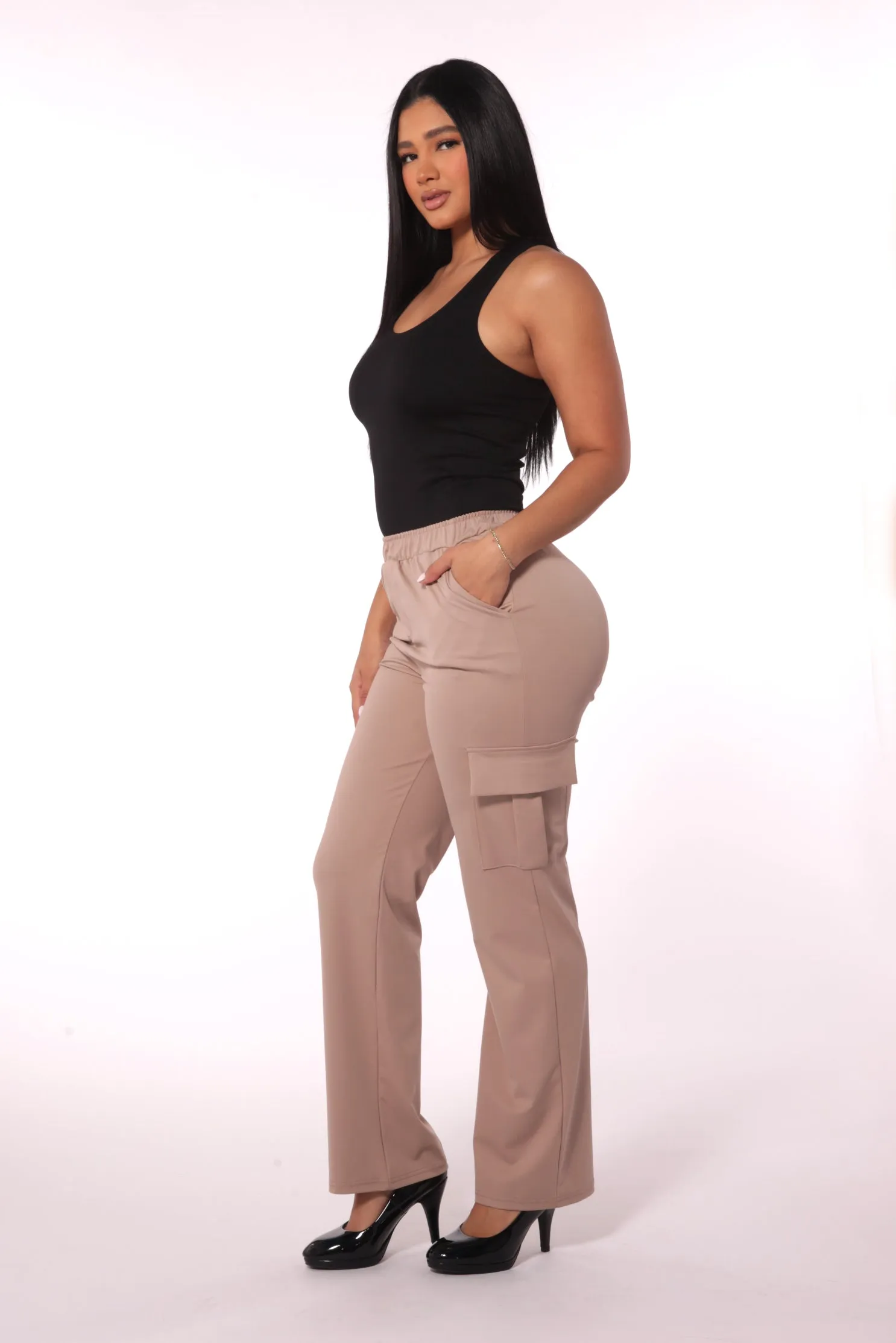 High Rise Straight Leg Cargo Pants - Latte