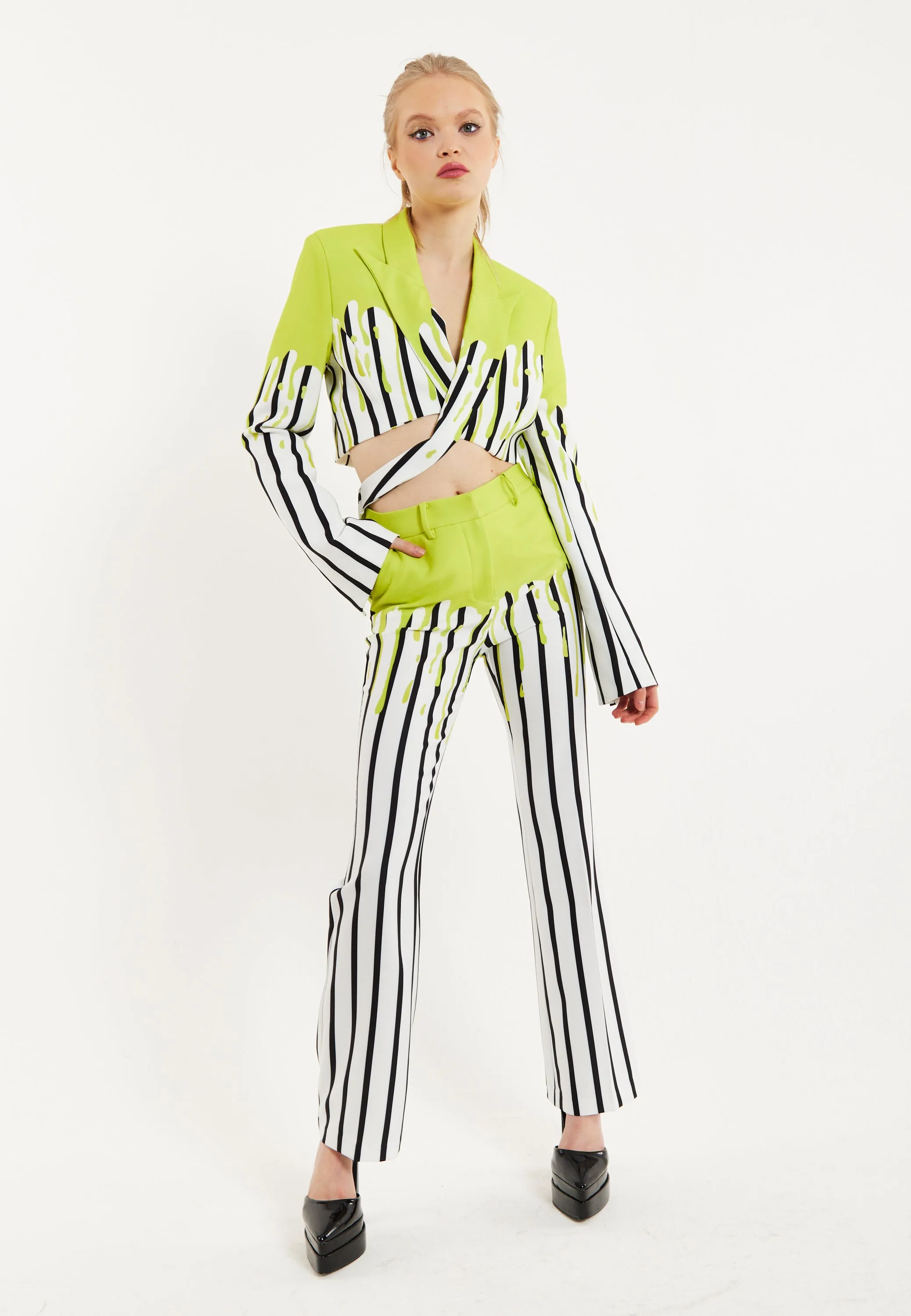 House Of Holland Stripe Monochrome Acid Green Splash Trousers