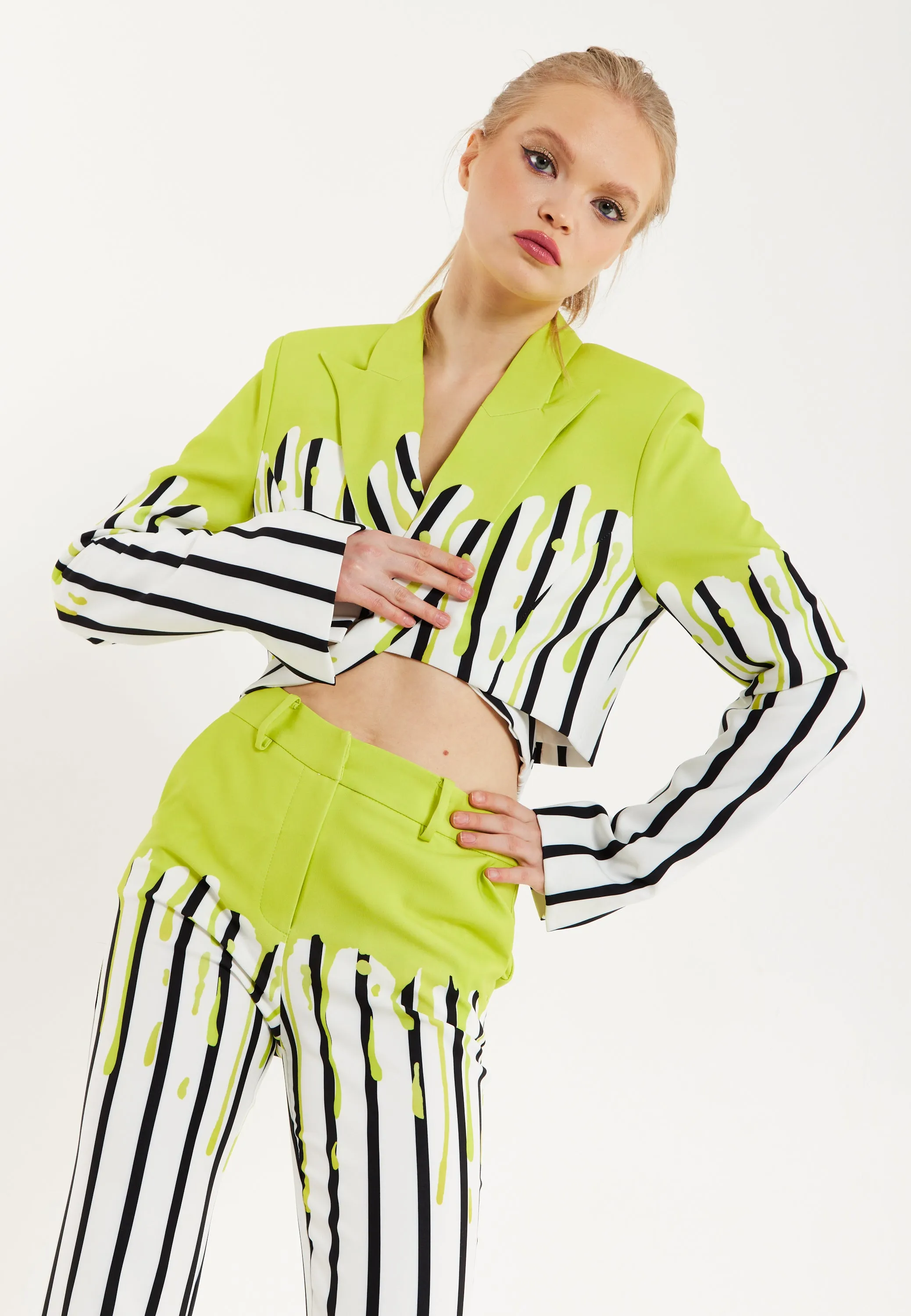 House Of Holland Stripe Monochrome Acid Green Splash Trousers