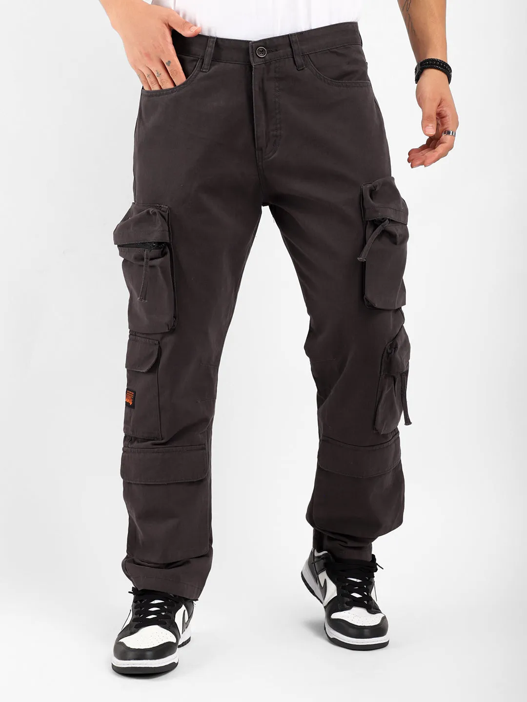 Stylish Kyubic Dark Grey Cargo Pants for Men – Comfortable Utility Trousers with Multiple Pockets