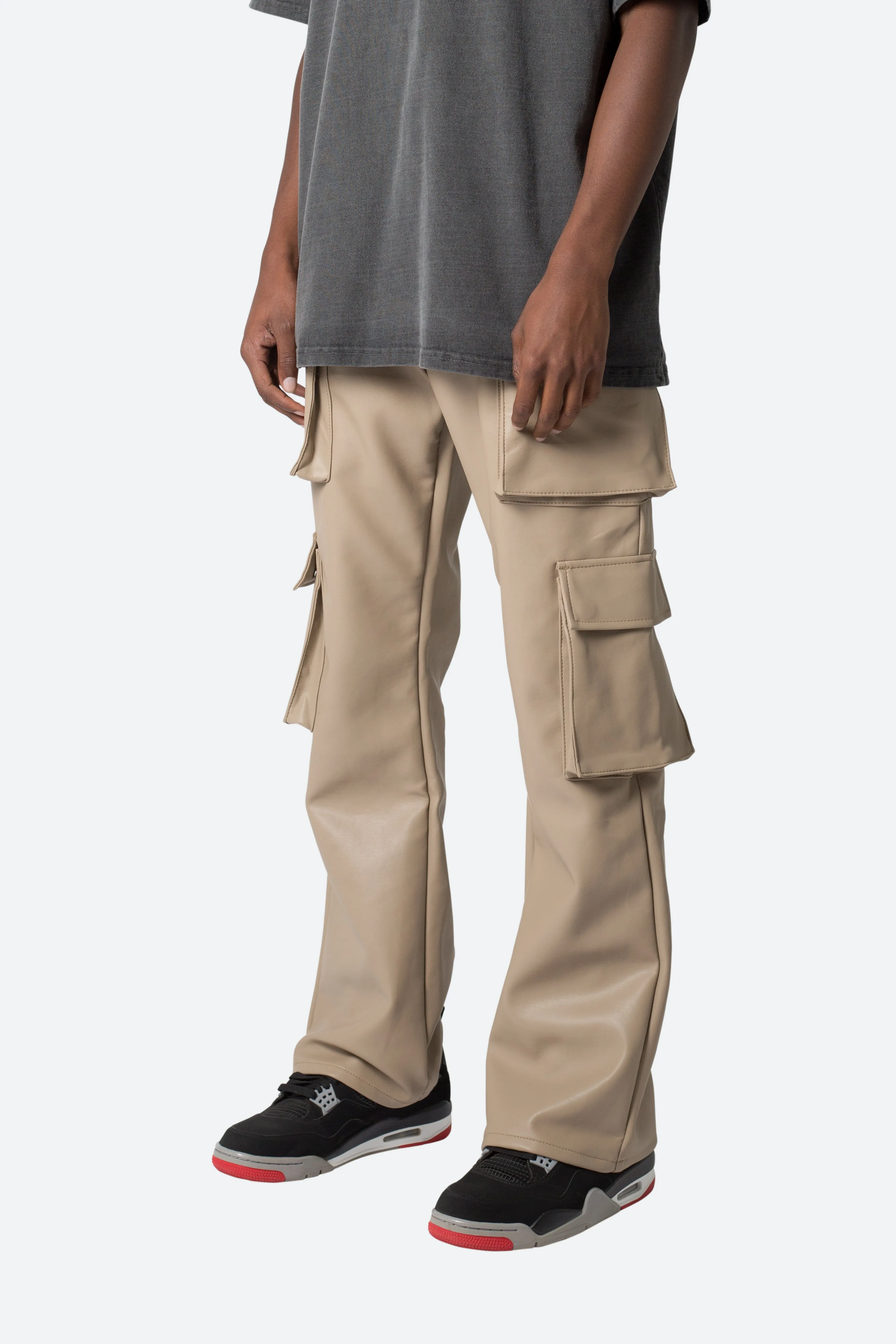 Leather Double Snap Cargo Pants - Khaki