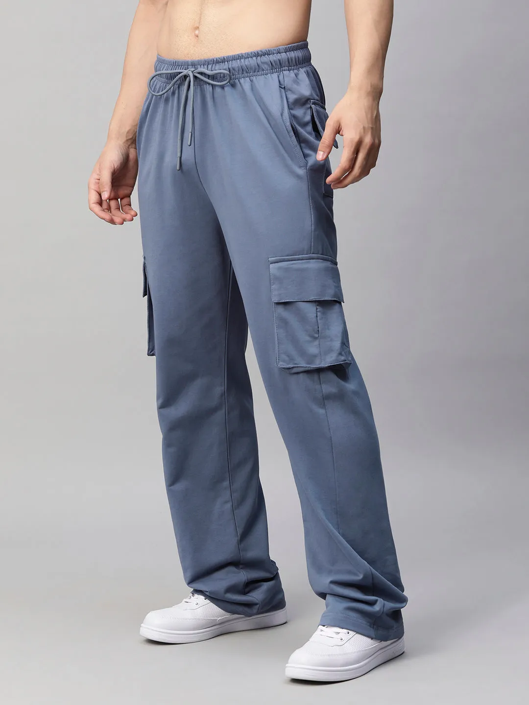 Men Premium Terry Cargo Pants - Denim Blue