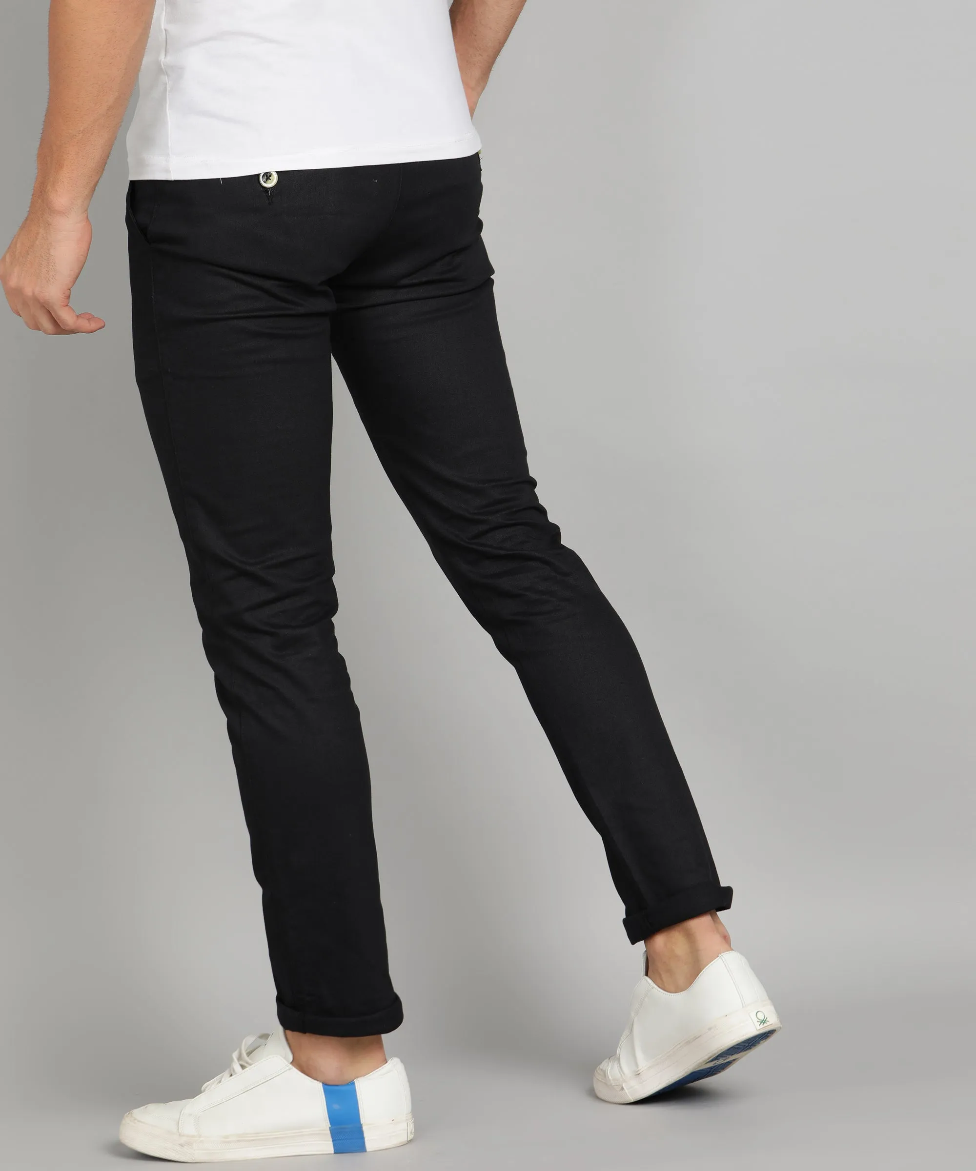 Men's Black Cotton Slim Fit Casual Chinos Trousers Stretch