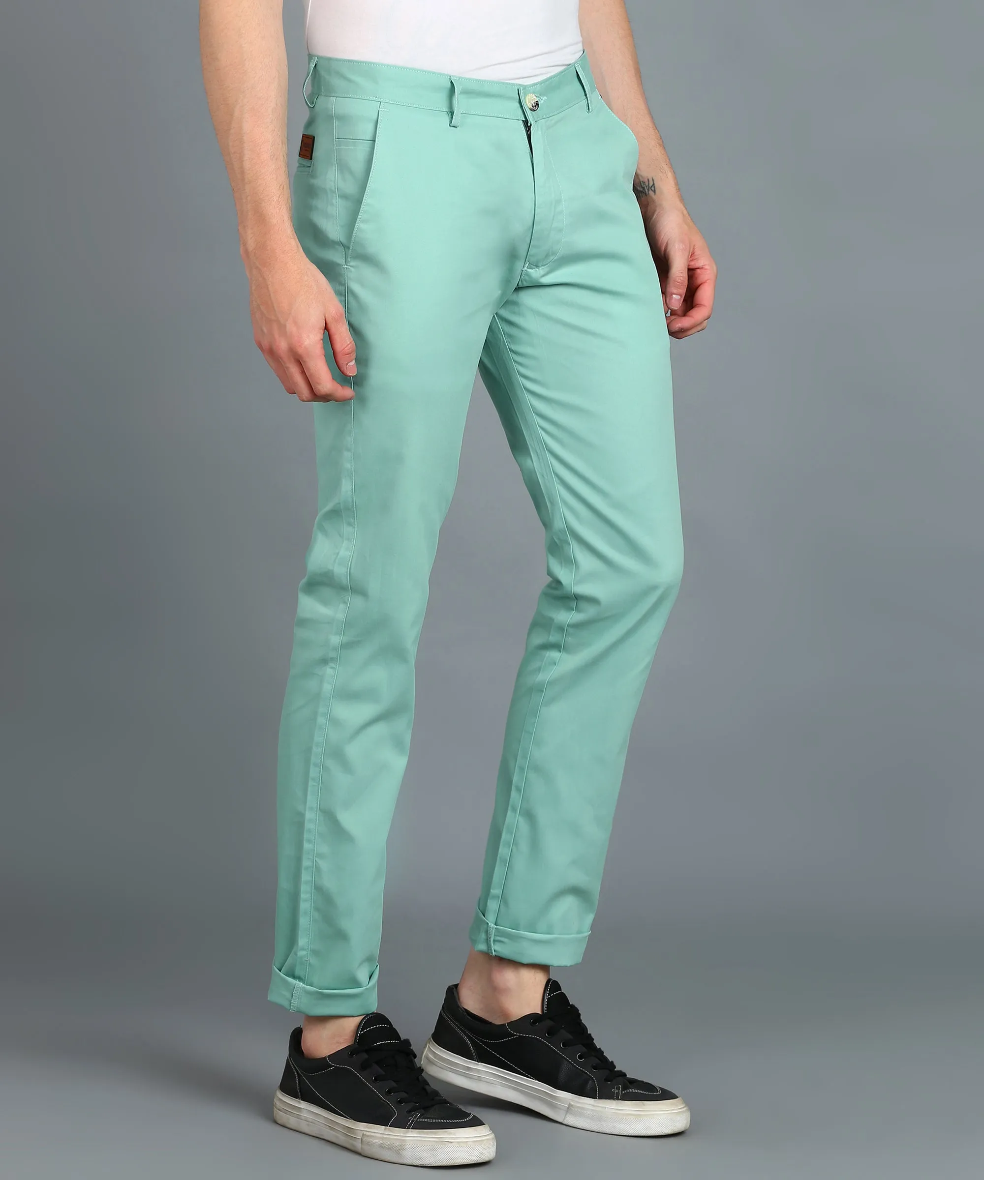 Men's Green Cotton Light Weight Non-Stretch Slim Fit Casual Trousers