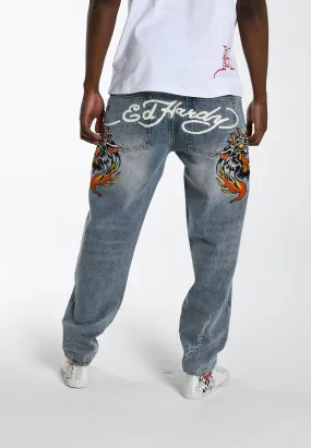 Mens Hell-Cats Tattoo Graphic Denim Trousers Jeans - Bleach