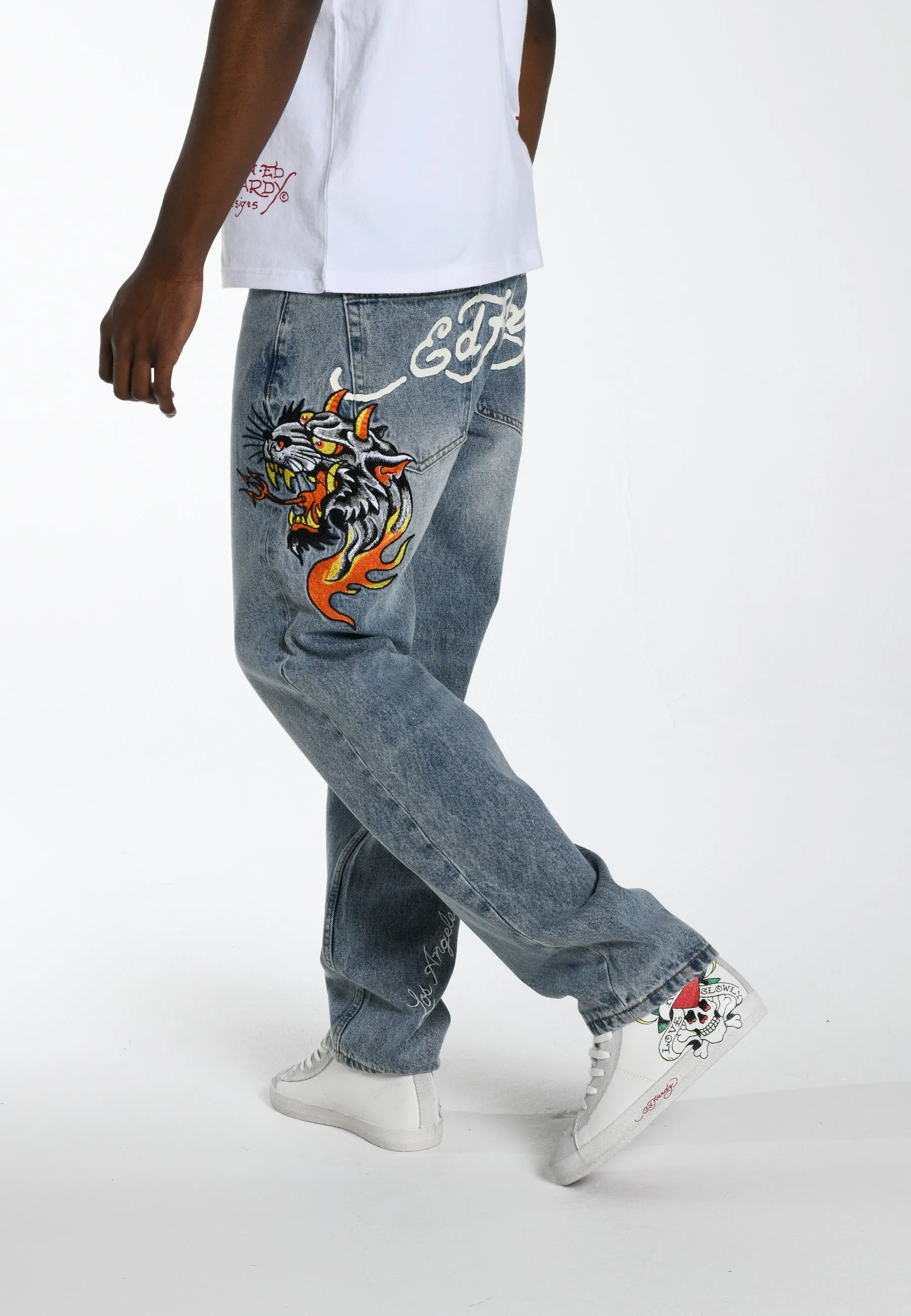 Mens Hell-Cats Tattoo Graphic Denim Trousers Jeans - Bleach