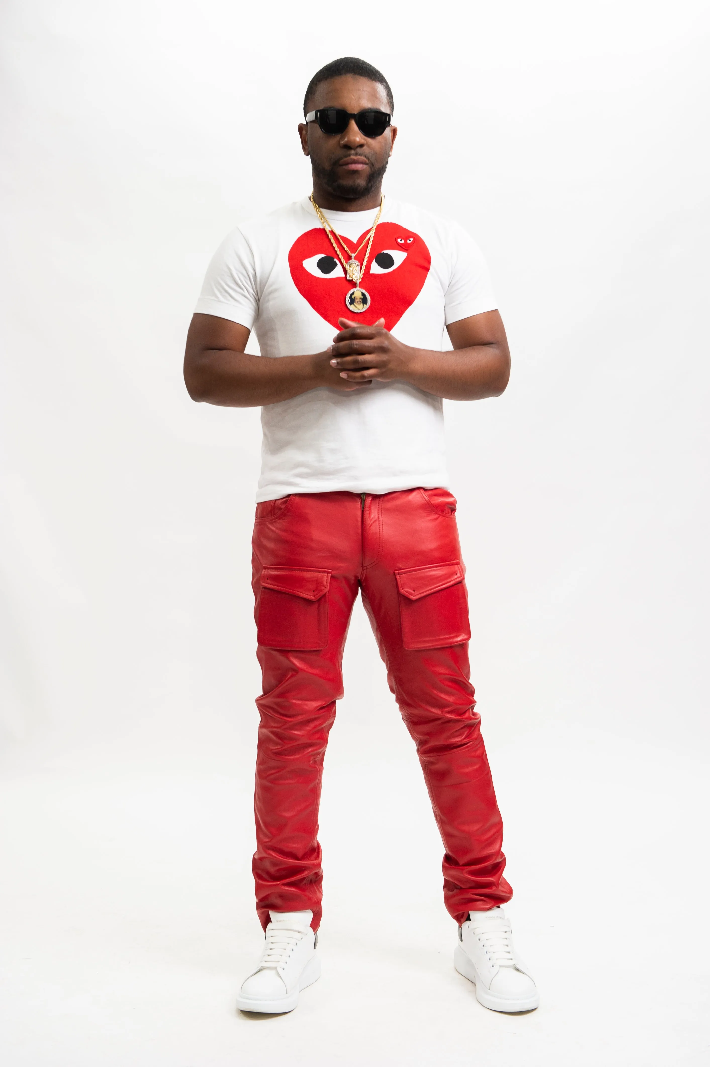 Men's Leather Cargo Jean Pants [Red]