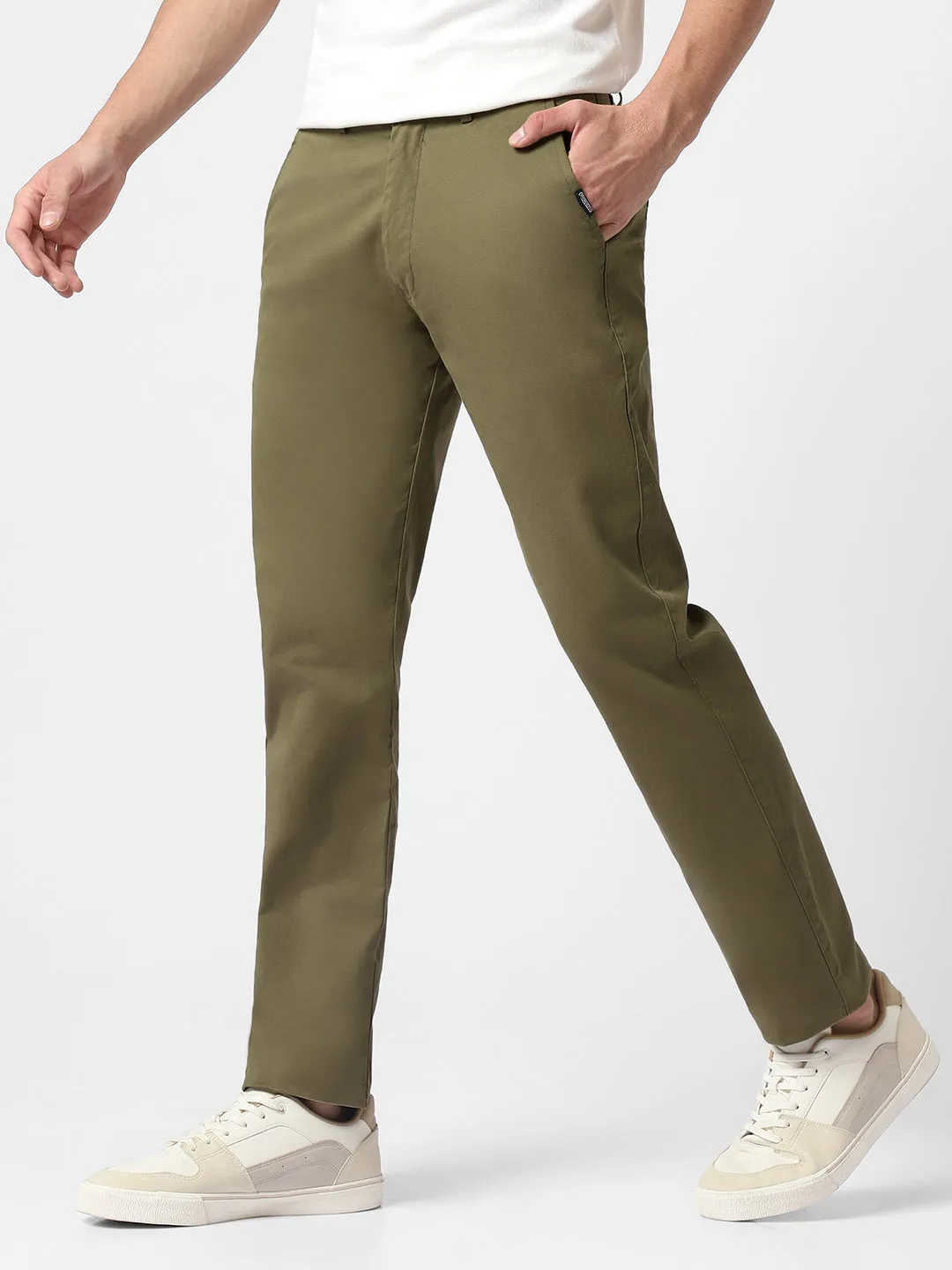 Men's Olive Green Cotton Slim Fit Casual Chinos Trousers Stretch