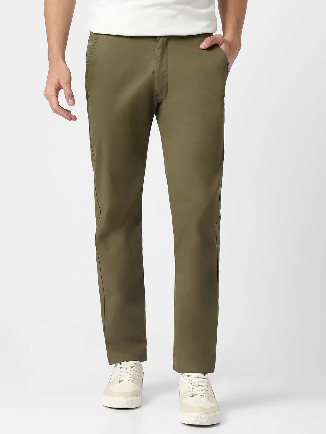 Men's Olive Green Cotton Slim Fit Casual Chinos Trousers Stretch