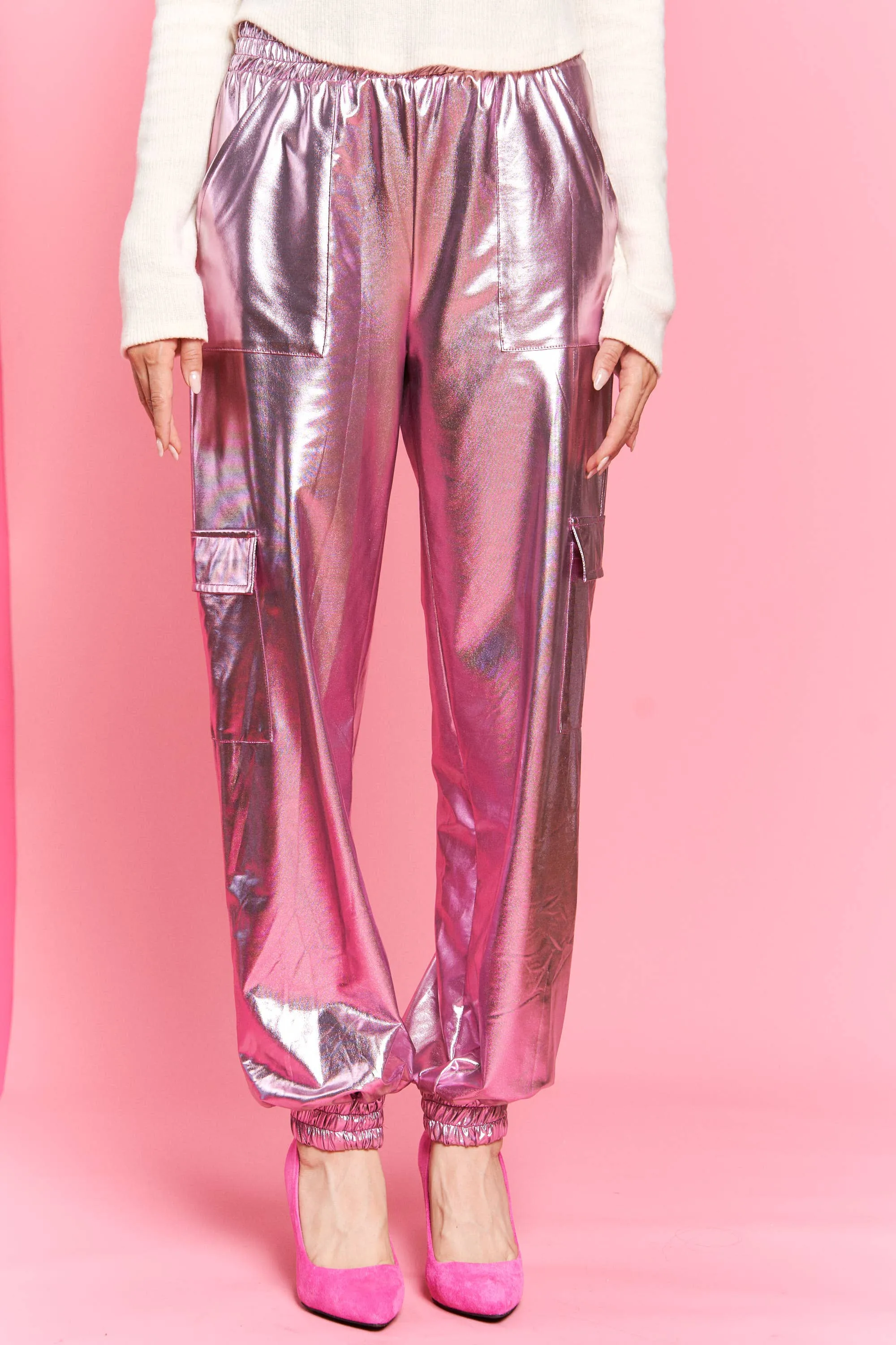 Pink Metallic Cargo Pants