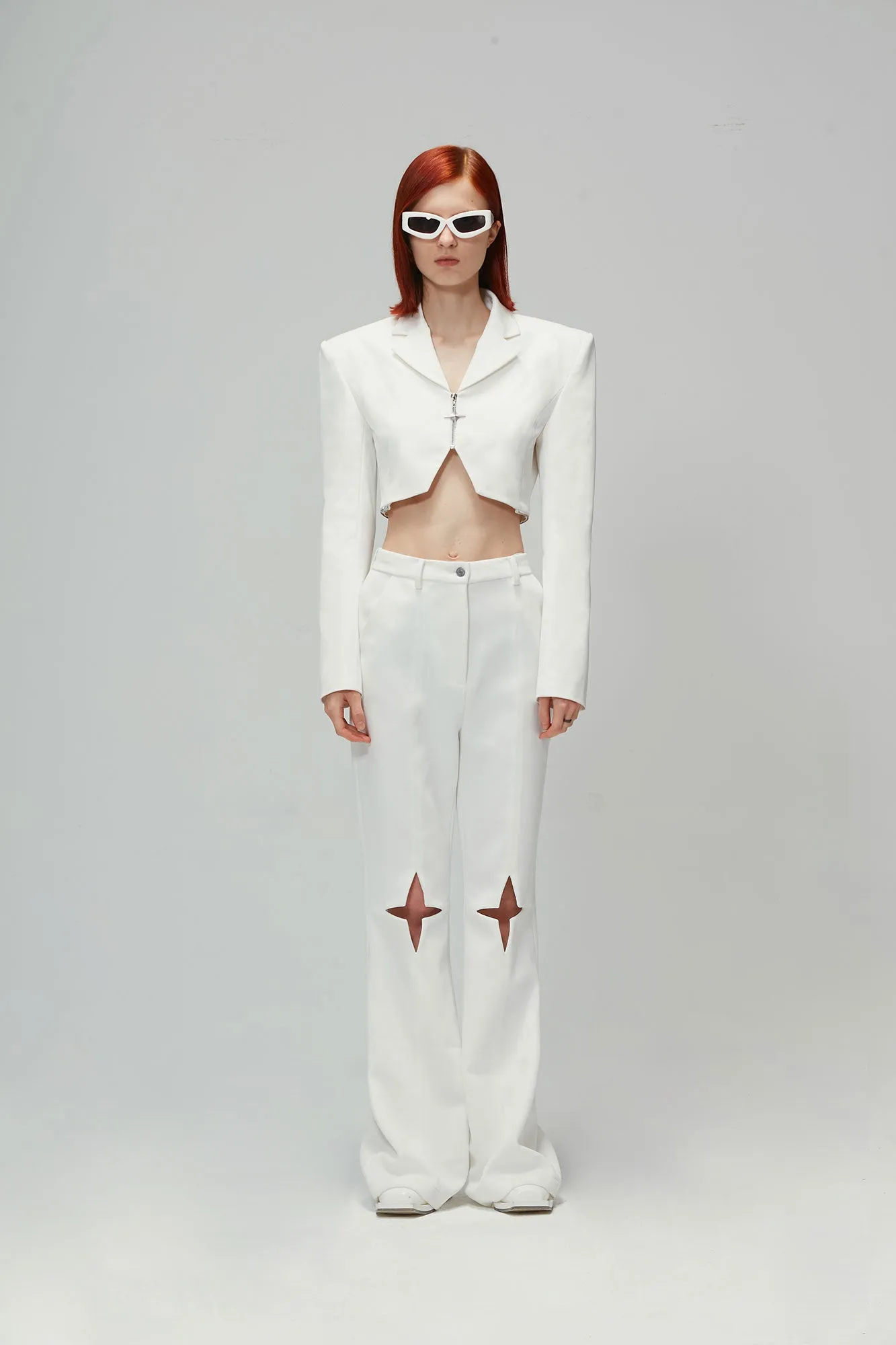 Twill acetic acid star hollowed-out flared trousers