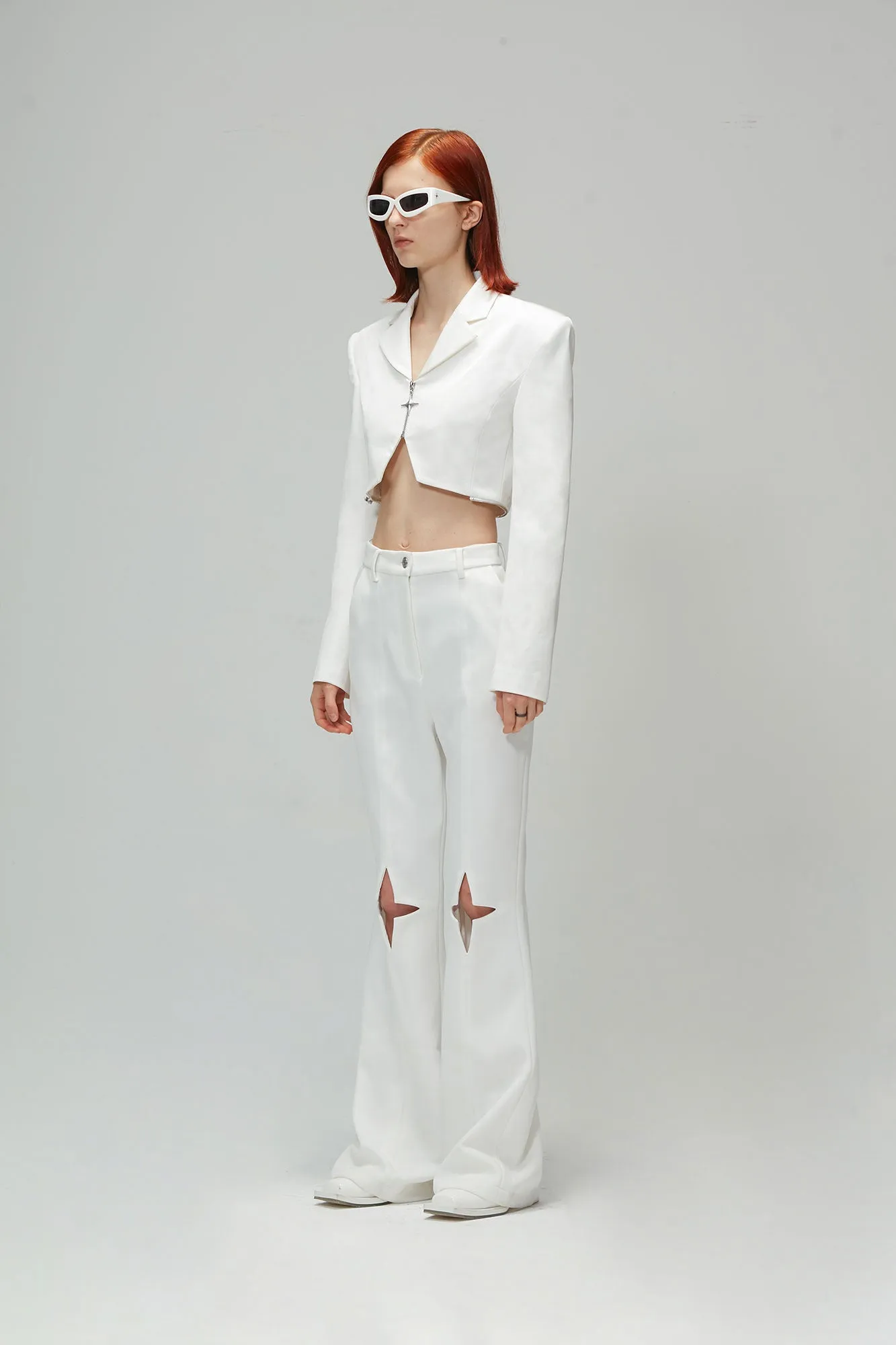 Twill acetic acid star hollowed-out flared trousers