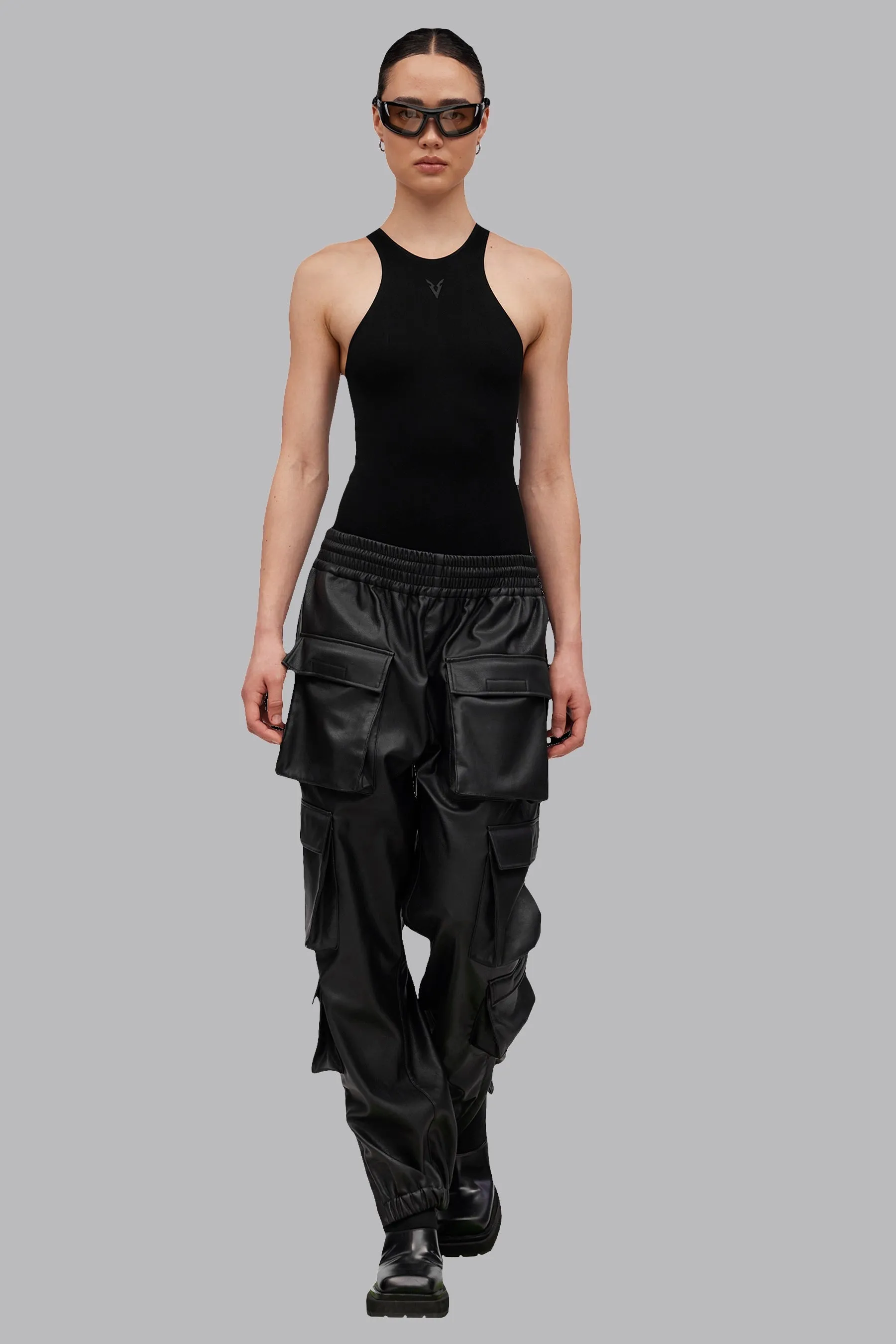 V_GAN LEATHER CARGO PANTS - Black