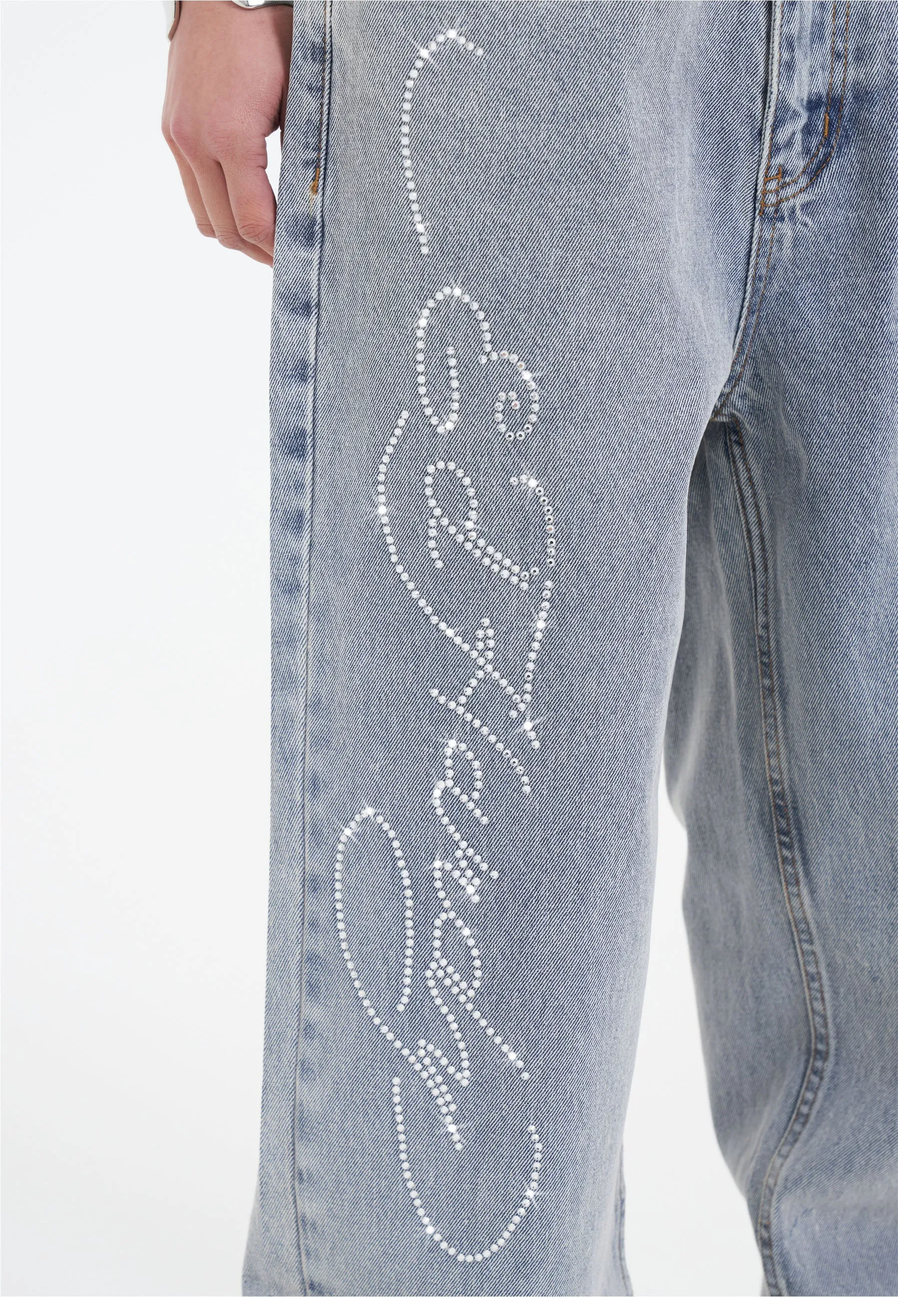 Bleached Denim Trousers for Women with Crystal Roar Diamante Accents in a Relaxed Fit Style