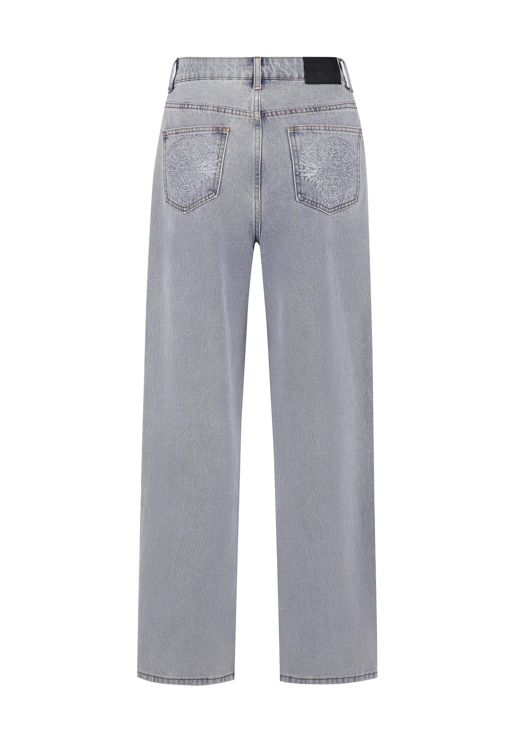 Bleached Denim Trousers for Women with Crystal Roar Diamante Accents in a Relaxed Fit Style