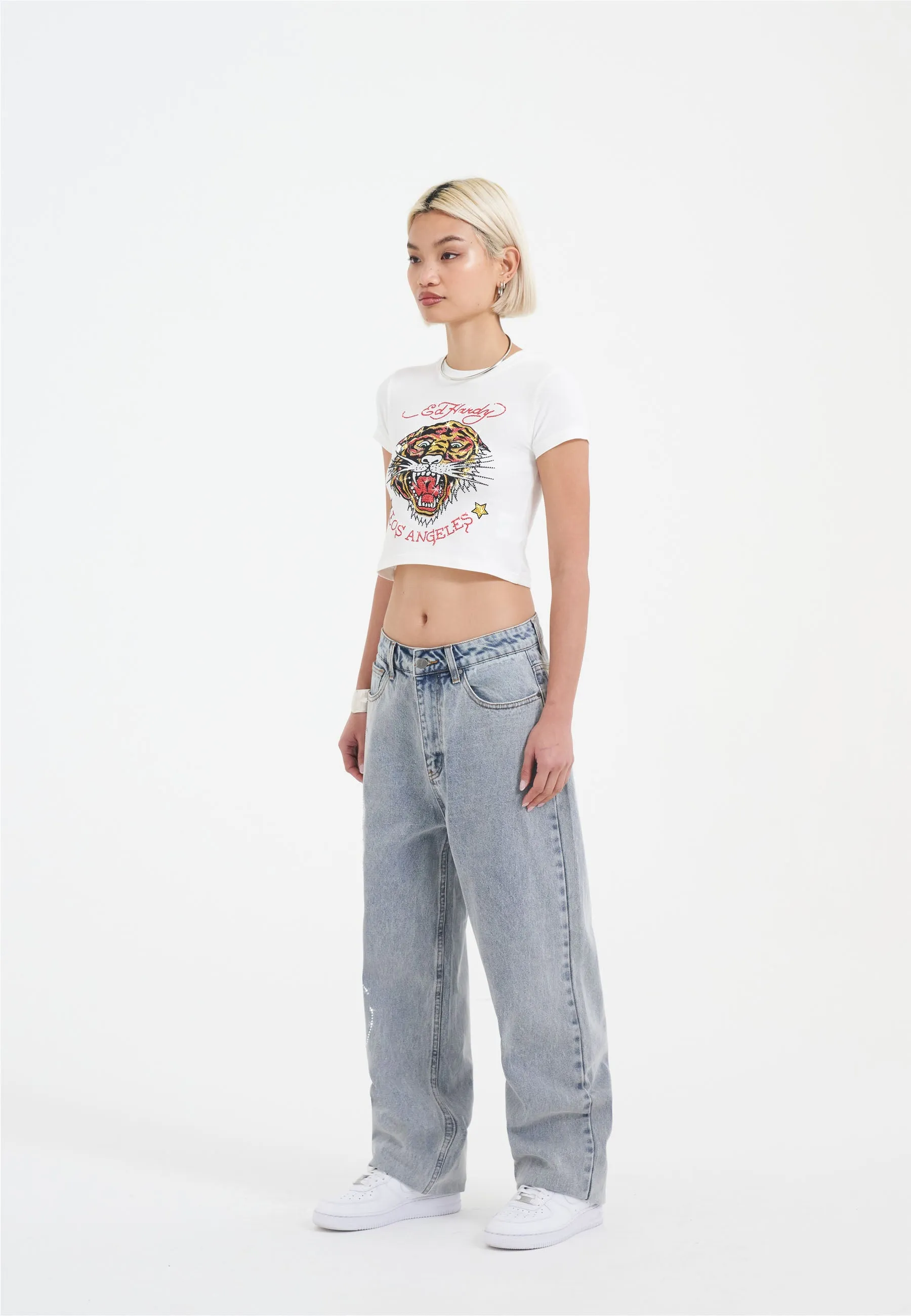 Bleached Denim Trousers for Women with Crystal Roar Diamante Accents in a Relaxed Fit Style