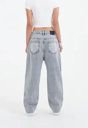 Bleached Denim Trousers for Women with Crystal Roar Diamante Accents in a Relaxed Fit Style