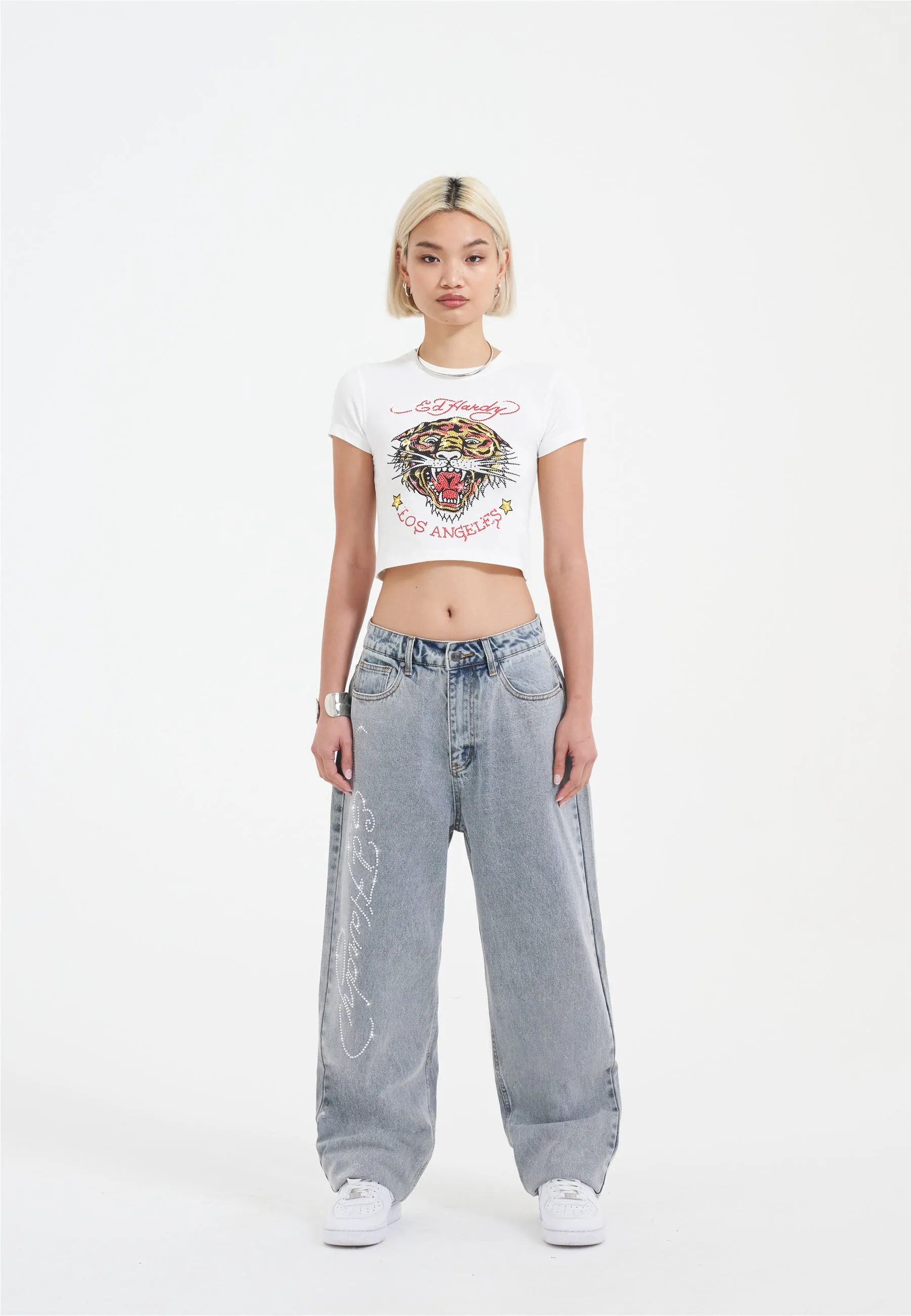 Bleached Denim Trousers for Women with Crystal Roar Diamante Accents in a Relaxed Fit Style